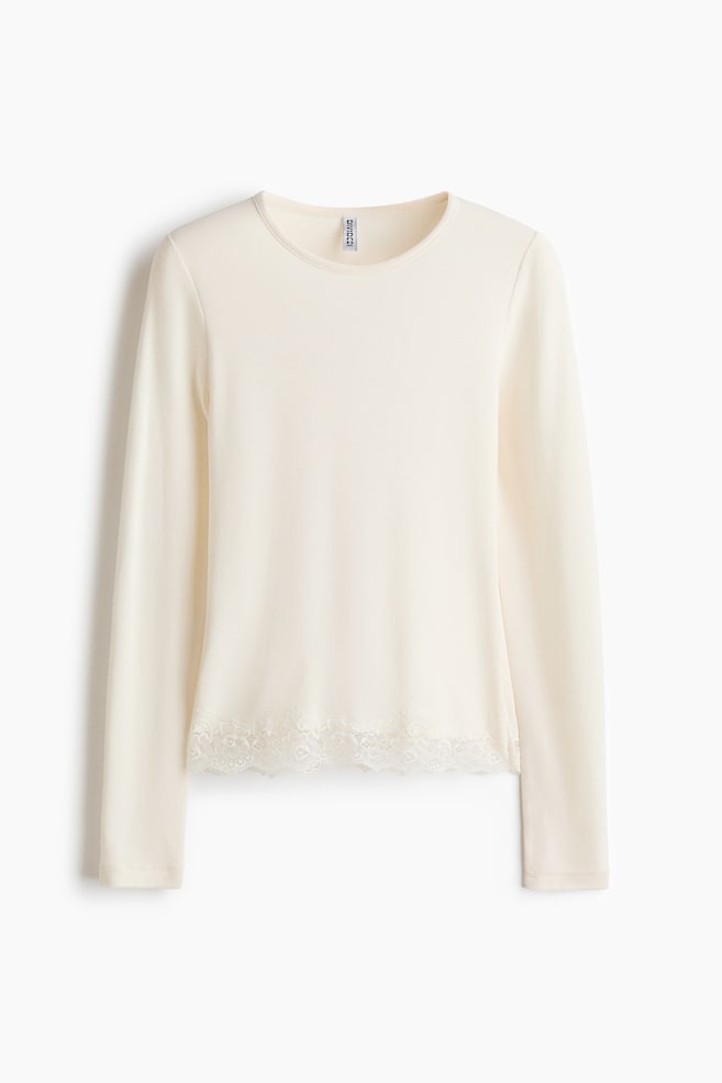 Lace-Trimmed Jersey Top - Cream - 1