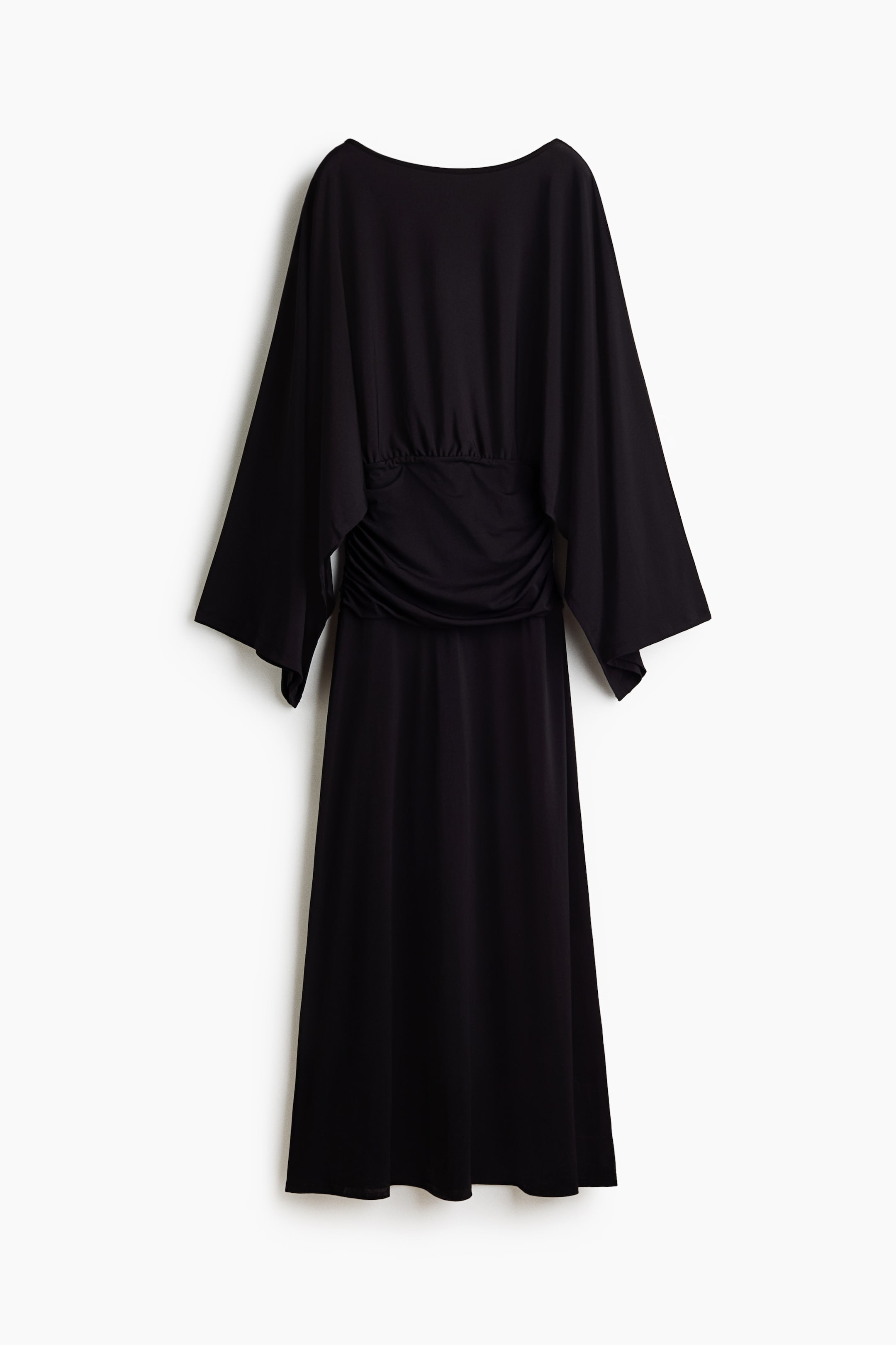 View larger image: The black Draped Batwing Sleeve Dress is hanging facing forward, featuring a wide boat neckline and dramatic, draped batwing sleeves. A gathered, ruched waistband is cinching the waist, with the skirt falling straight to a midi length.