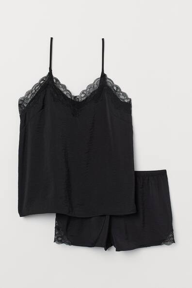 Pyjama strappy top and shorts - V-neck - Sleeveless - Black - Ladies ...