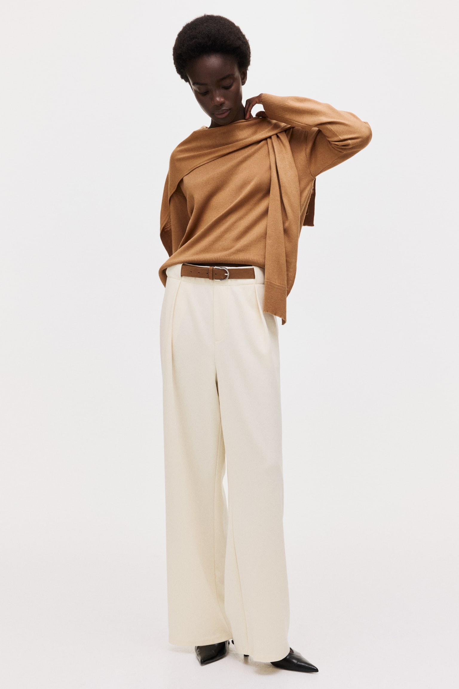 Belted Ponte Pants - Cream/Dark brown - 2