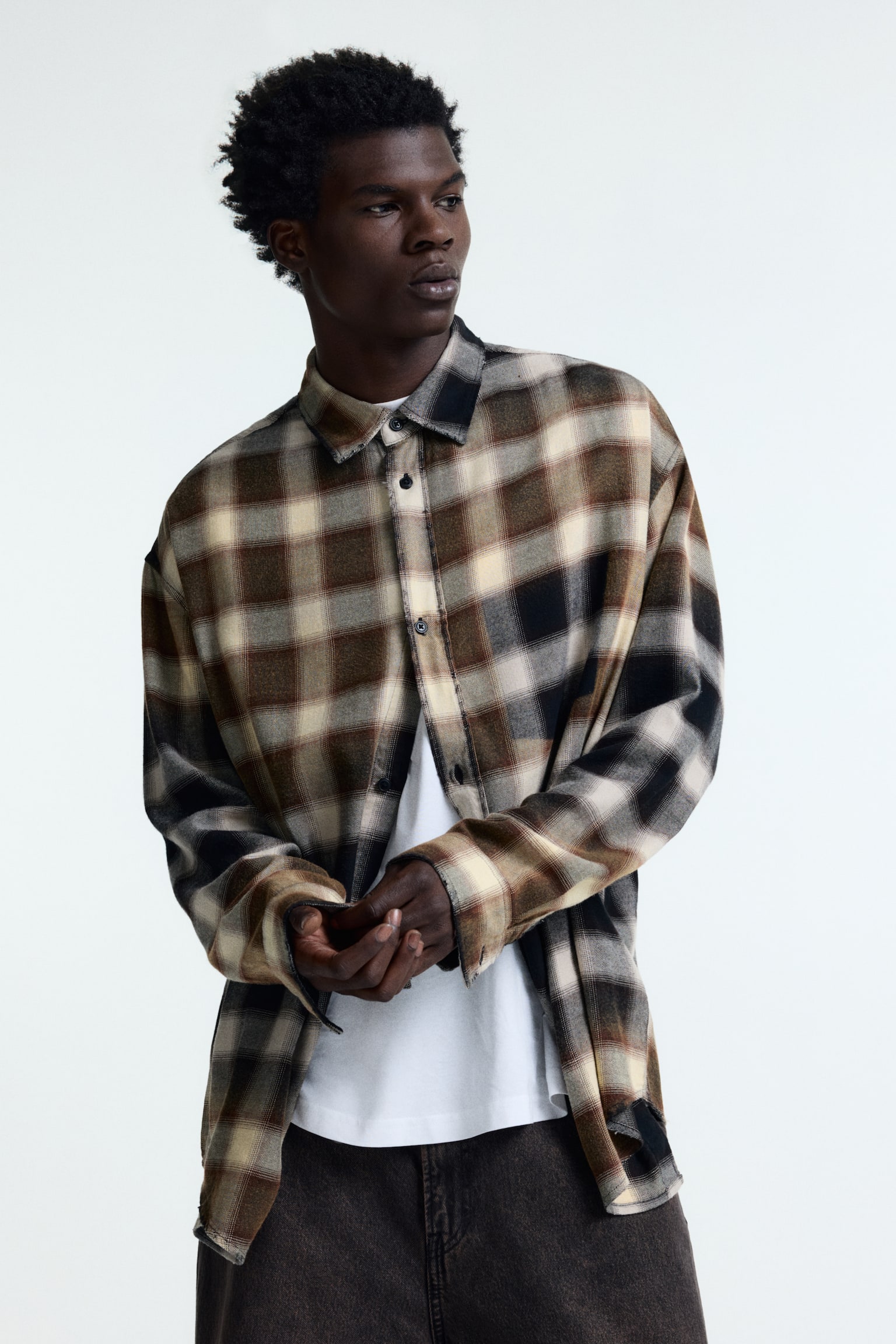 休閒剪裁棉質混紡襯衫 - 深咖啡色/格紋/藍色/格紋 - 4