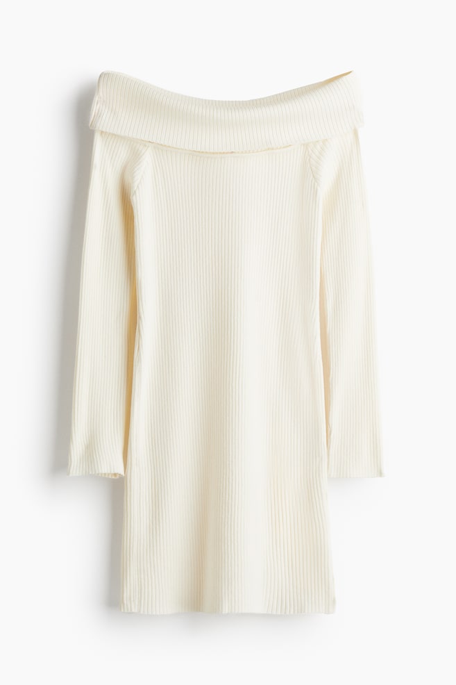Vestido off-the-shoulder en punto de canalé - Crema/Crema/Rayas - 1