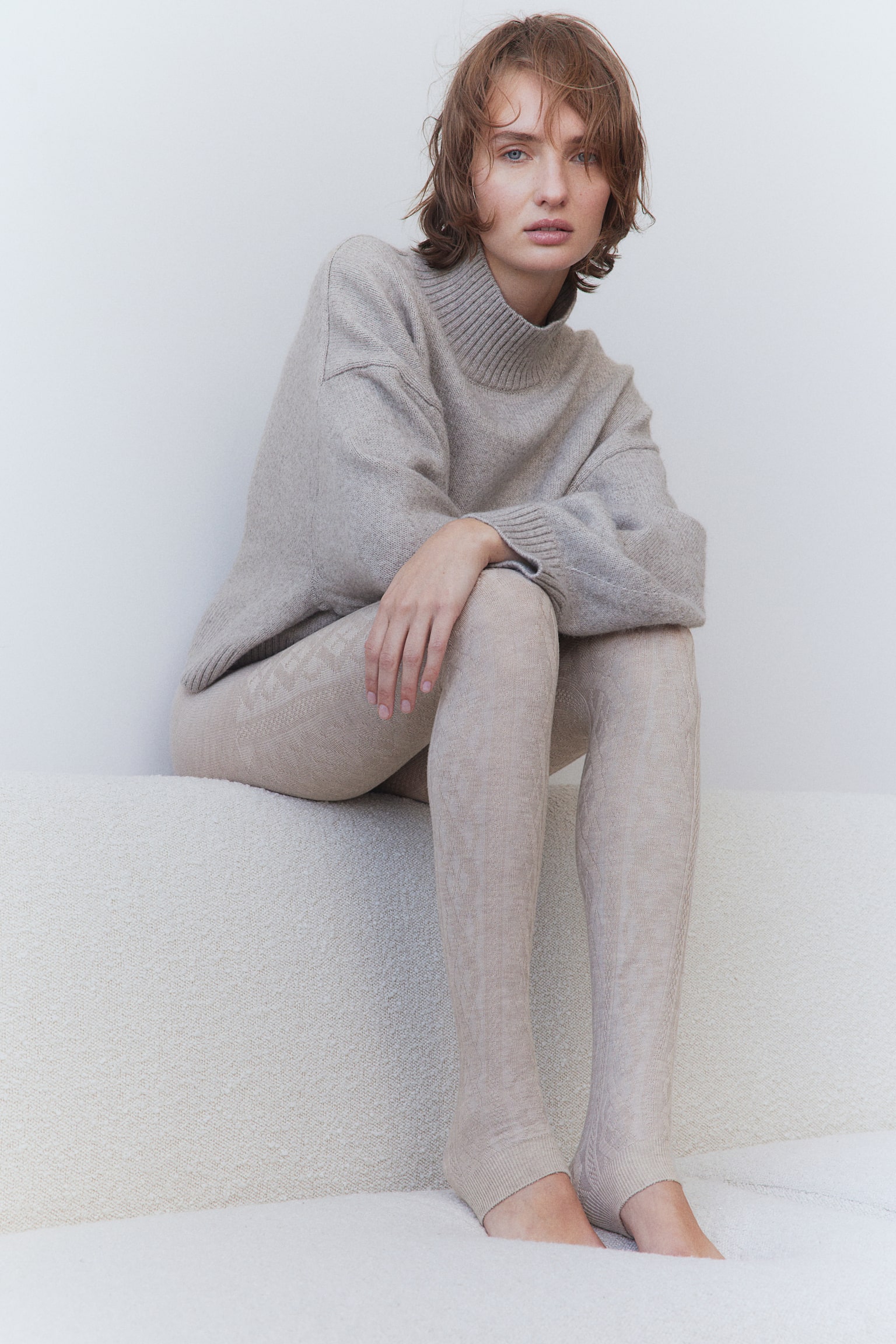 Cable-knit footless tights - Light beige - 1