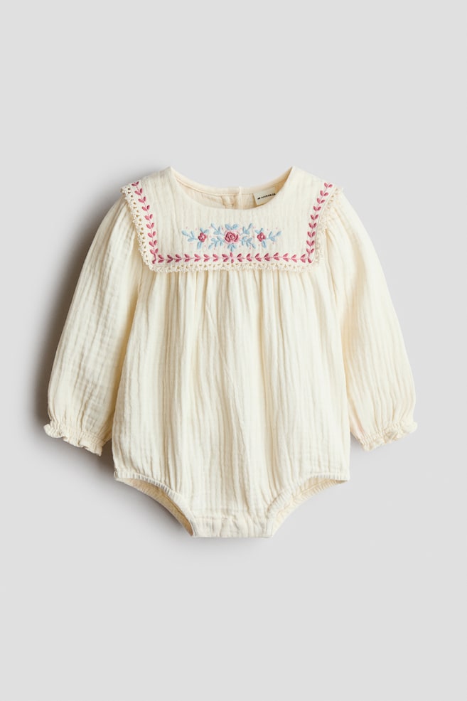 Embroidered-Detail Cotton Romper Suit - Cream/flowers - 1