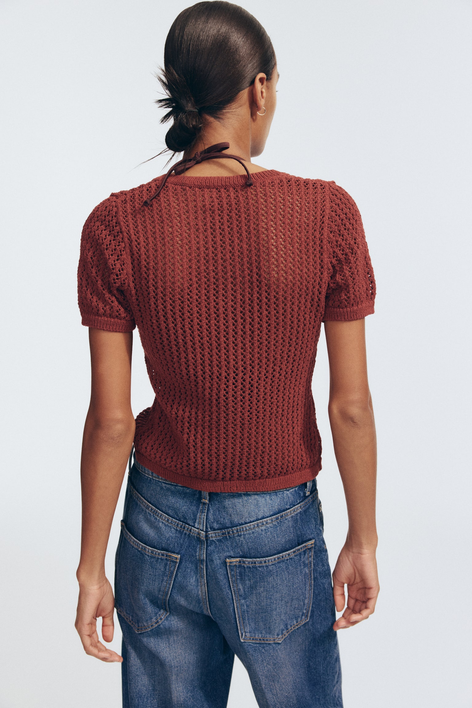 Pointelle-Knit Cardigan - Dark rust brown/Turquoise - 5