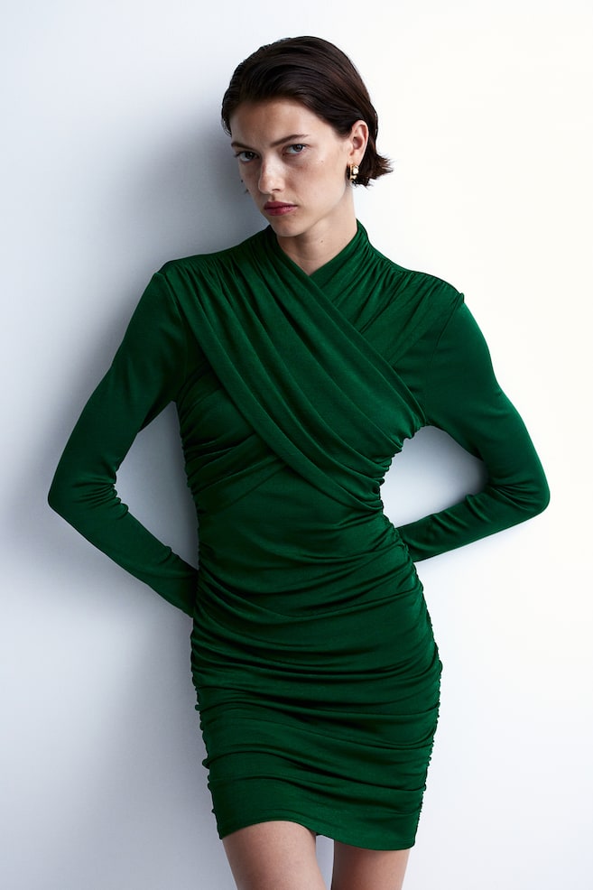 Draperet kjole i jersey - Mørkegrøn/Marineblå - 1