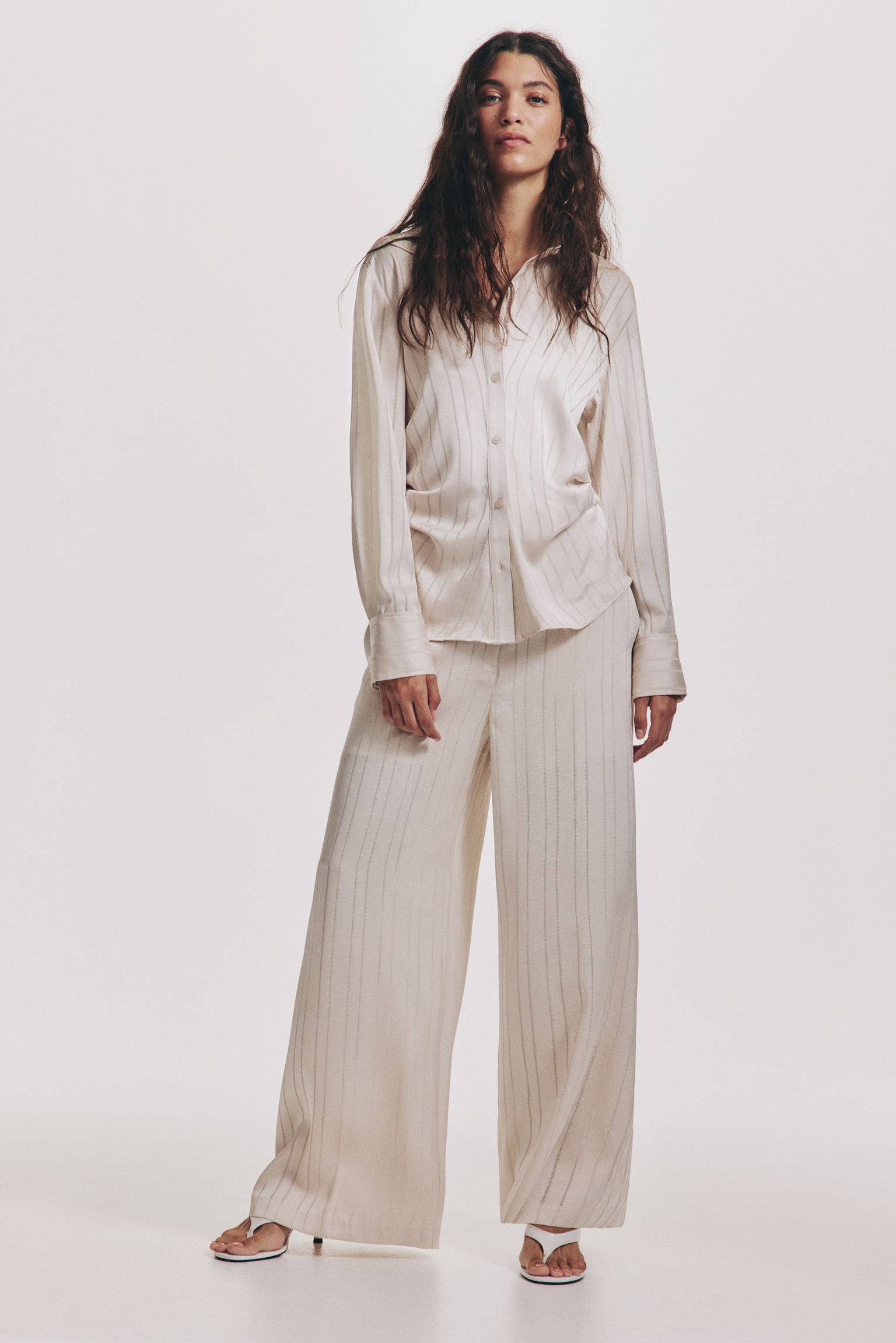 Wide tailored trousers - Cream/Striped/Black/Patterned - 1