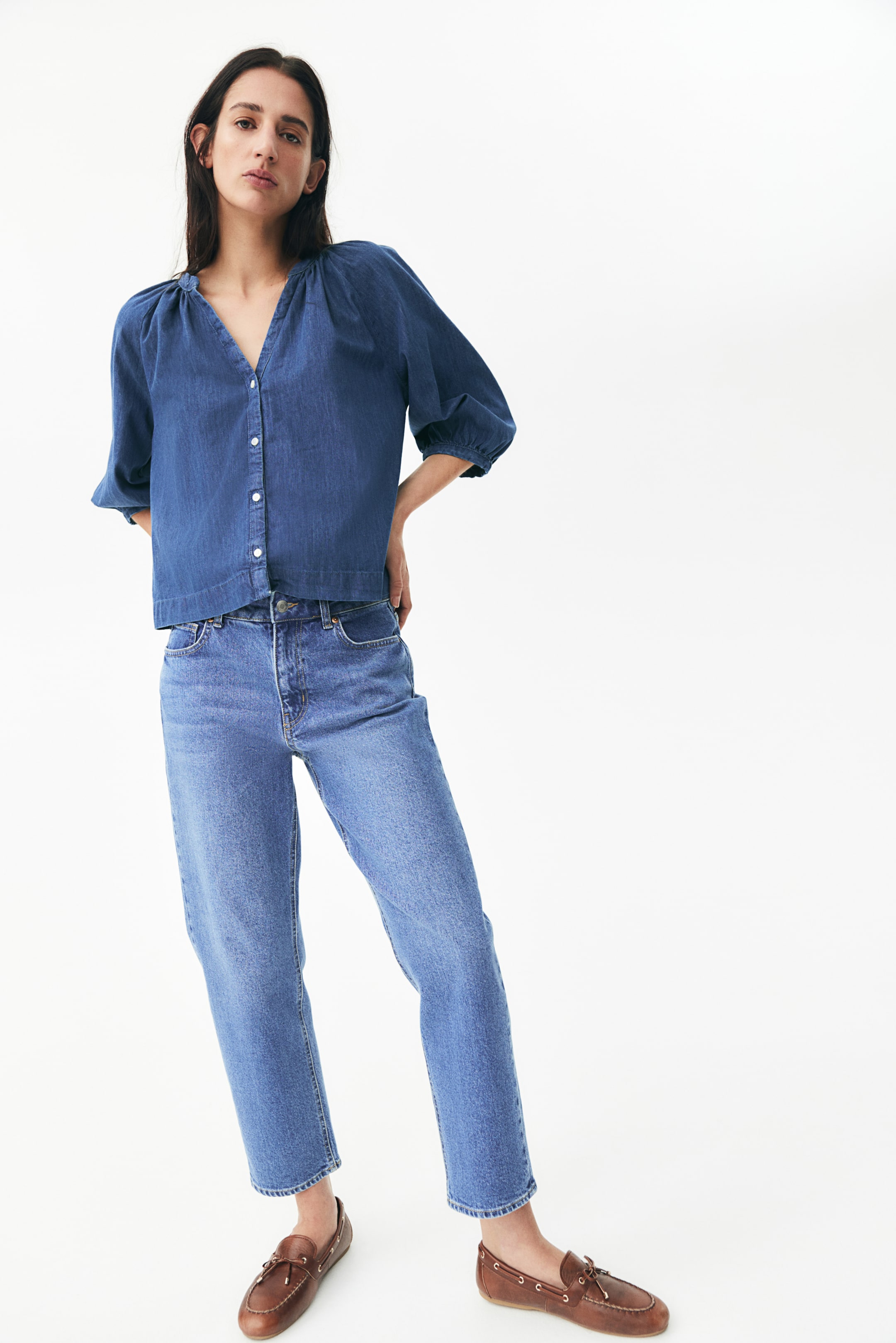 Balloon-Sleeved Denim Blouse