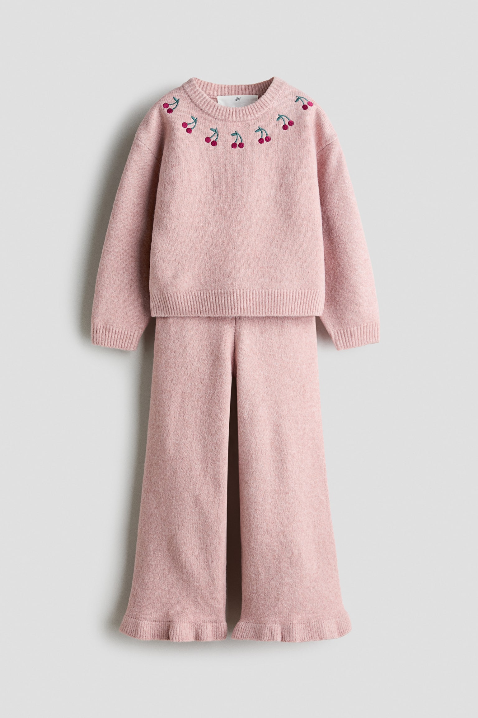 Детские комплекты H&M 2-Piece Embroidered-Detail Knit Set, цвет: Светлый пыльный розовый — фото 1