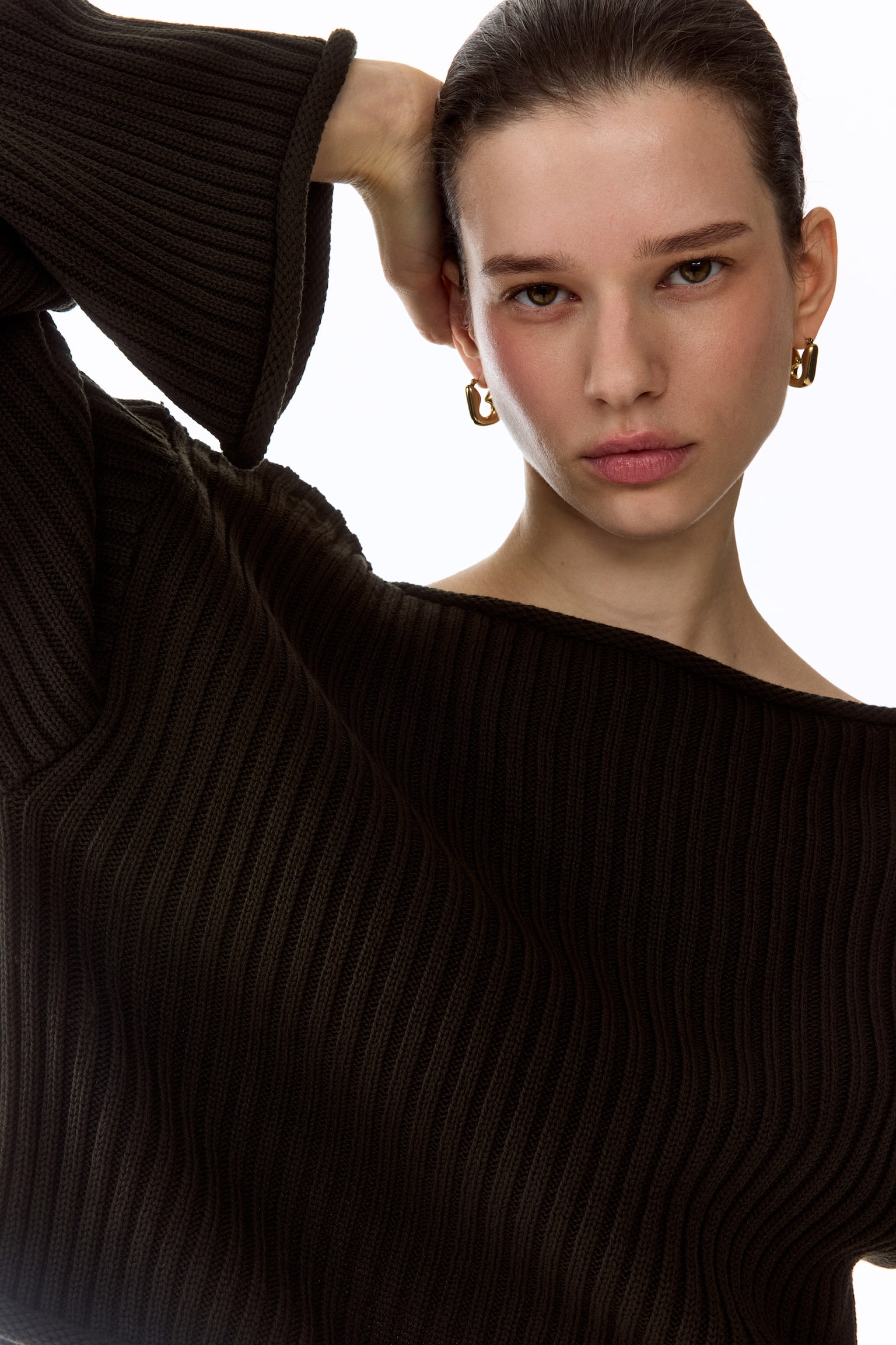 Pull en maille côtelée avec encolure bateau - Vert foncé/Beige clair - 3