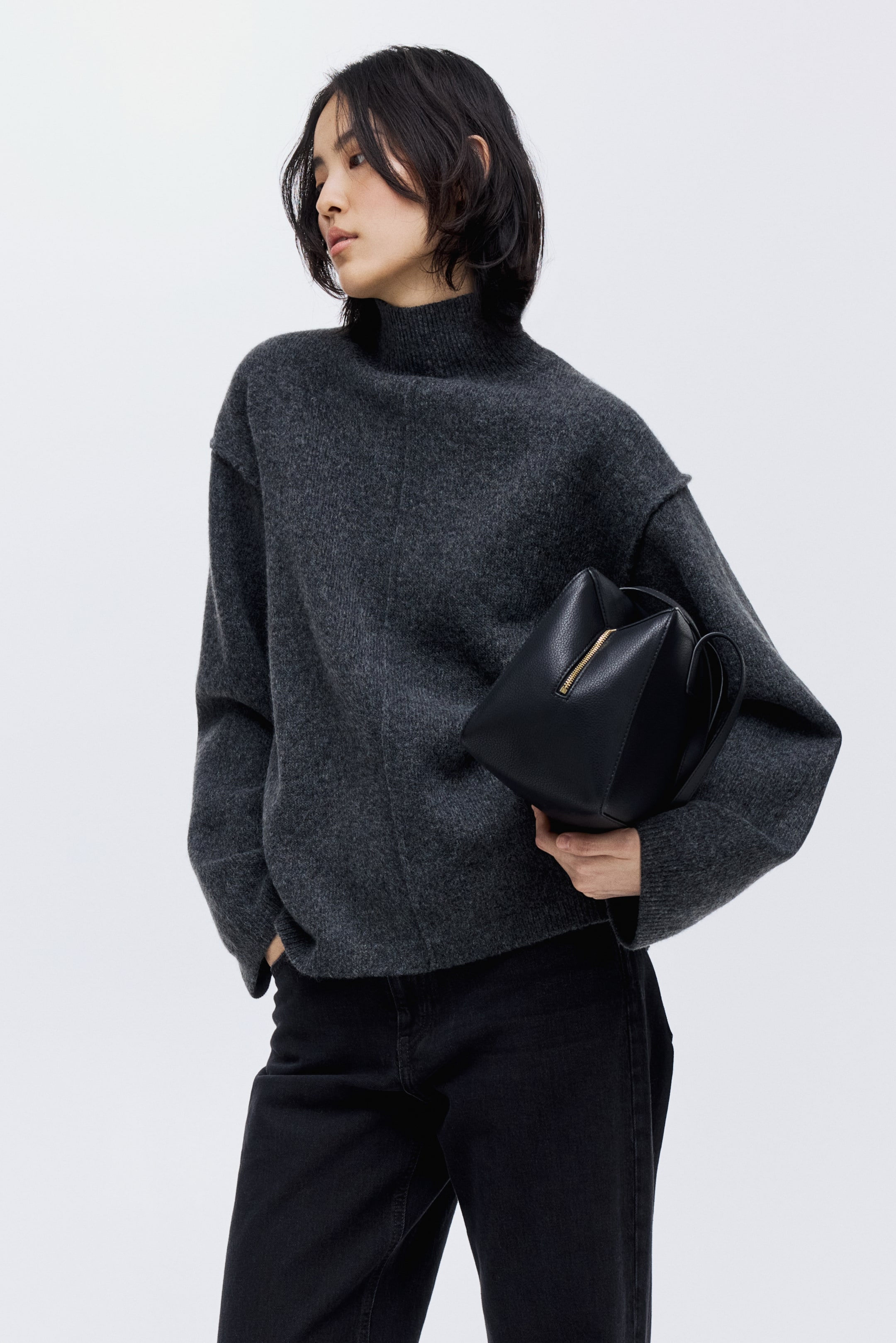 View larger image: Seam-Detail Mock Turtleneck Sweater - Dark gray melange - Ladies | H&M CA 1