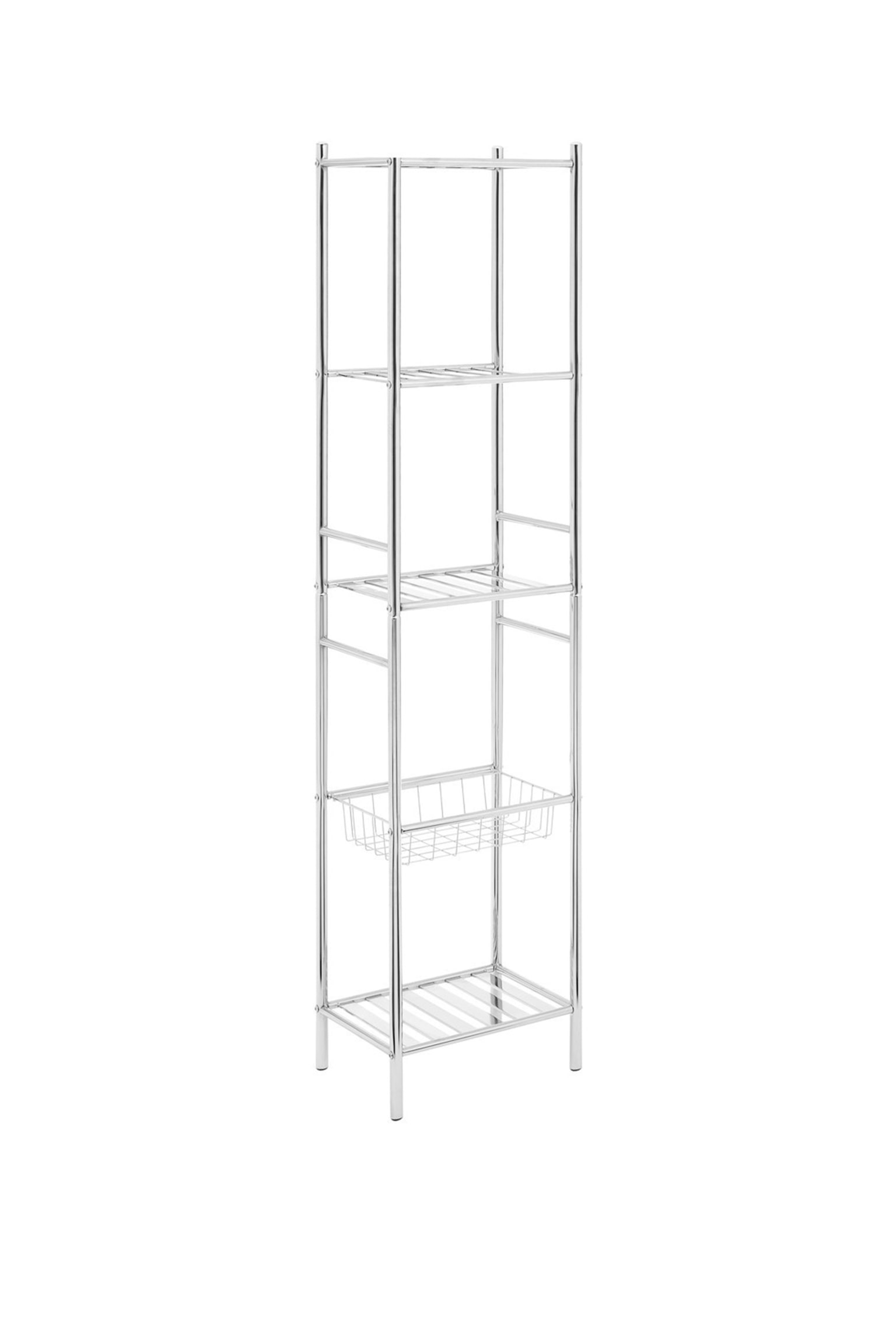 5 Tier Chrome Shelf Unit With Basket - Silver - 1