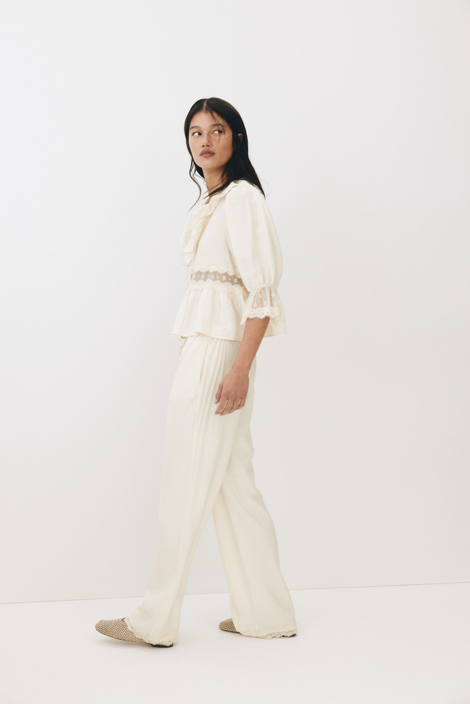Pantalon avec cordon de serrage et dentelle - Beige clair/Marron - 6