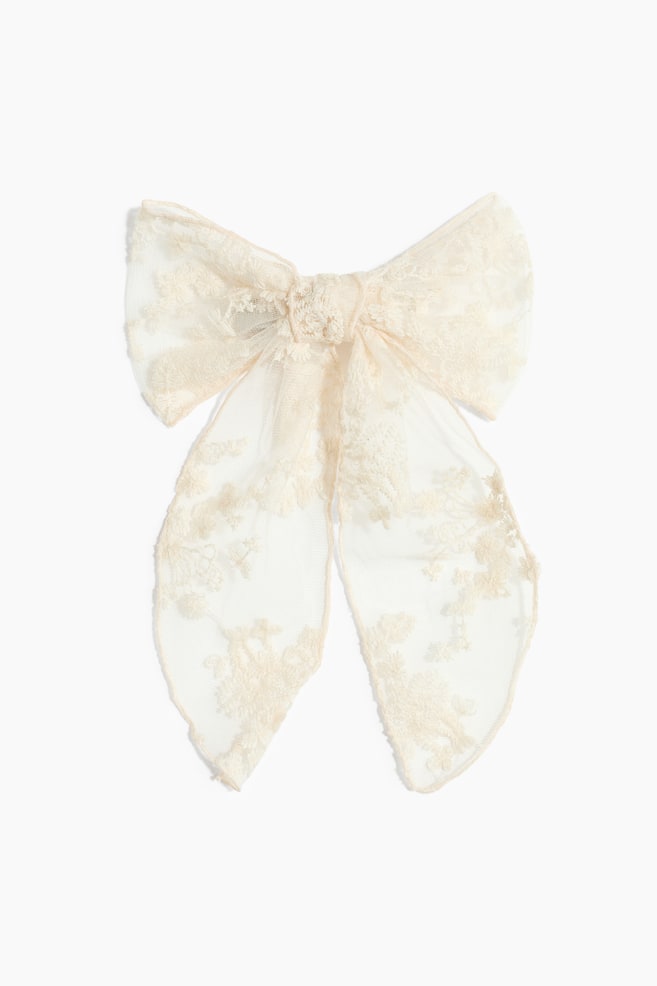 Embroidered bow hair clip - Cream - 1