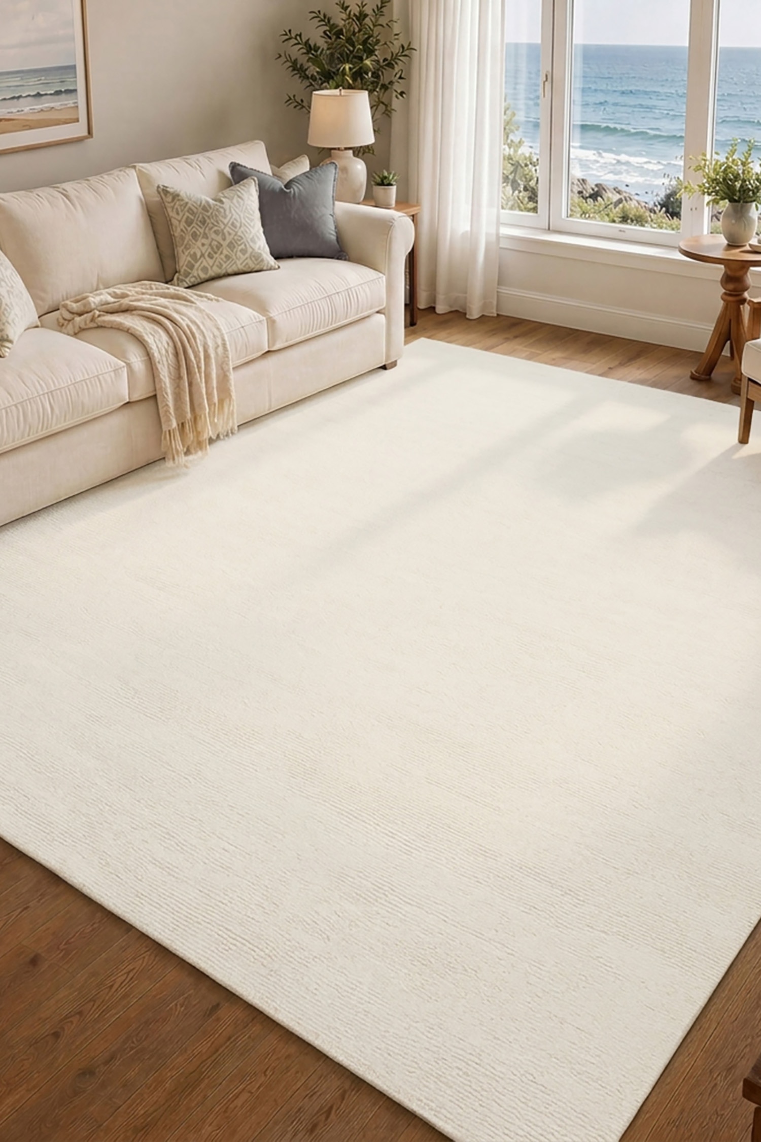 A rectangular area rug in a solid off-white colour is shown from a direct overhead view, displaying a subtle, fine horizontal ribbed texture across its entire surface.