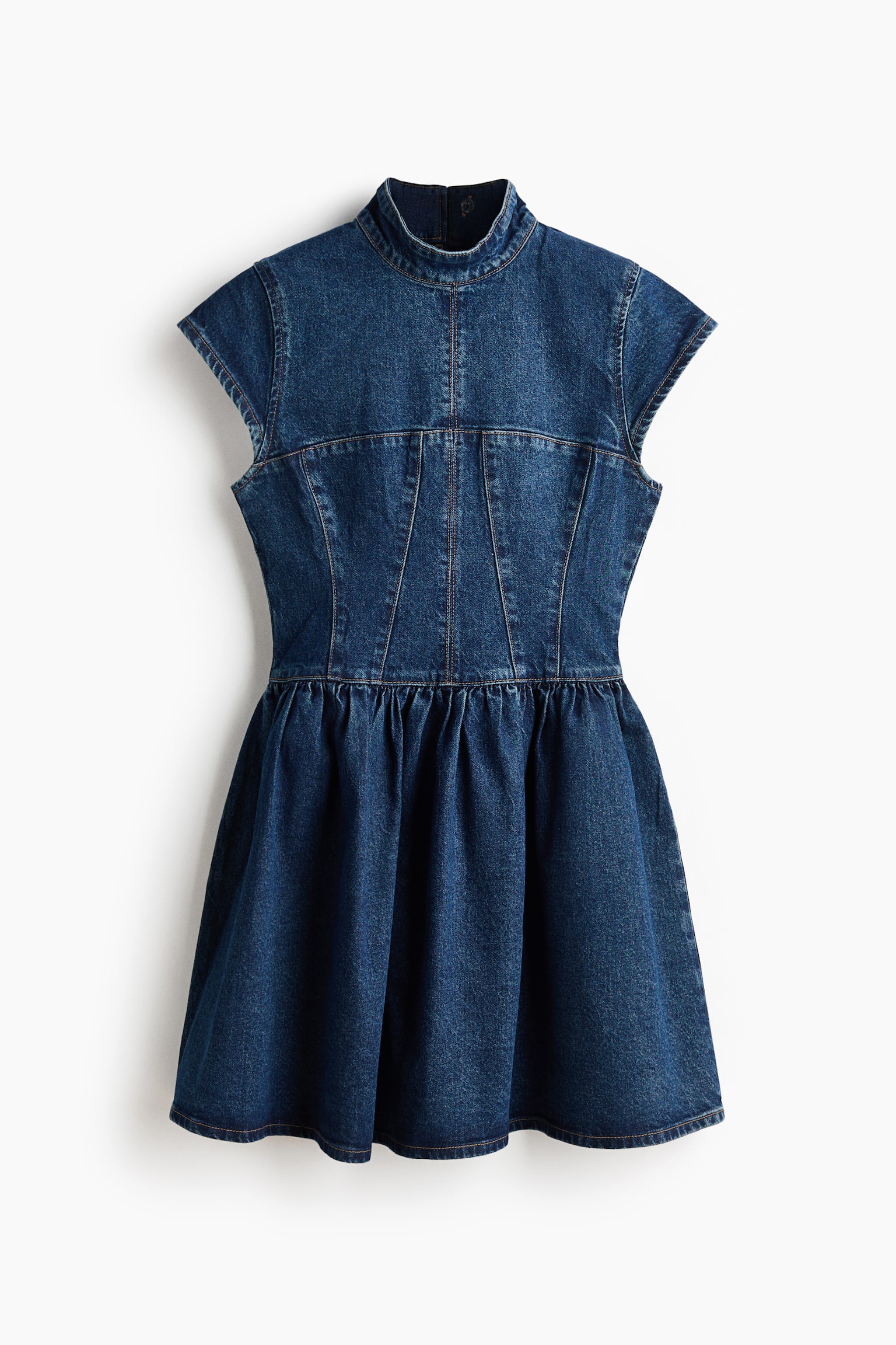 Denim Dress with Flared Skirt - Dark denim blue