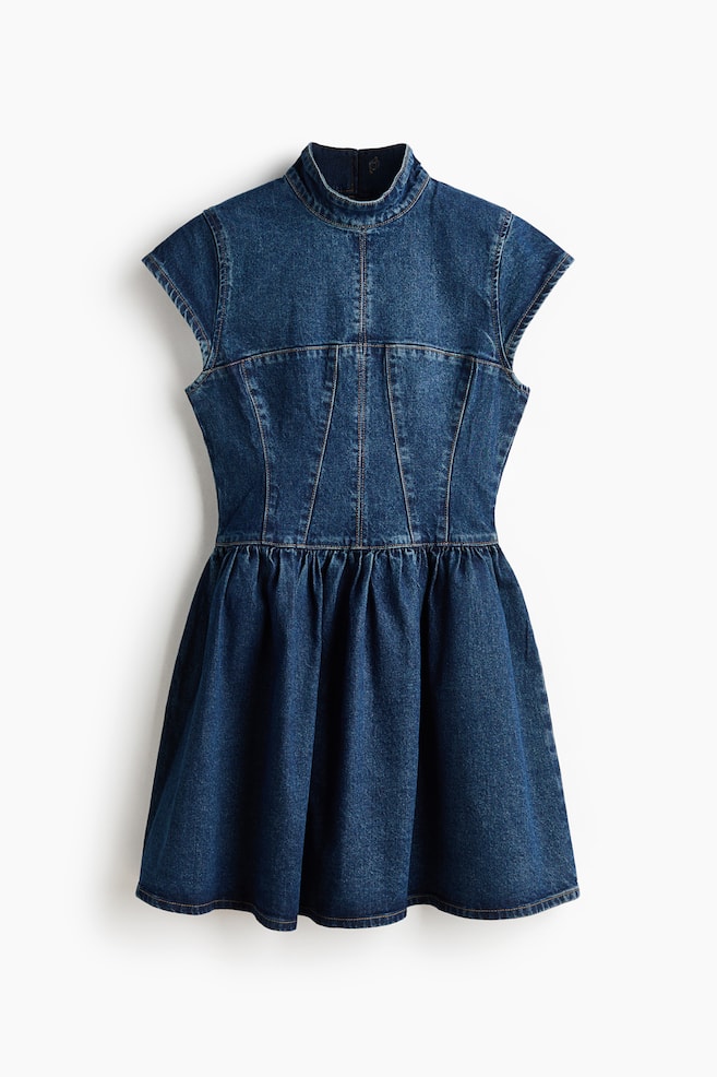 Denim Dress with Flared Skirt - Dark denim blue/Denim blue - 1