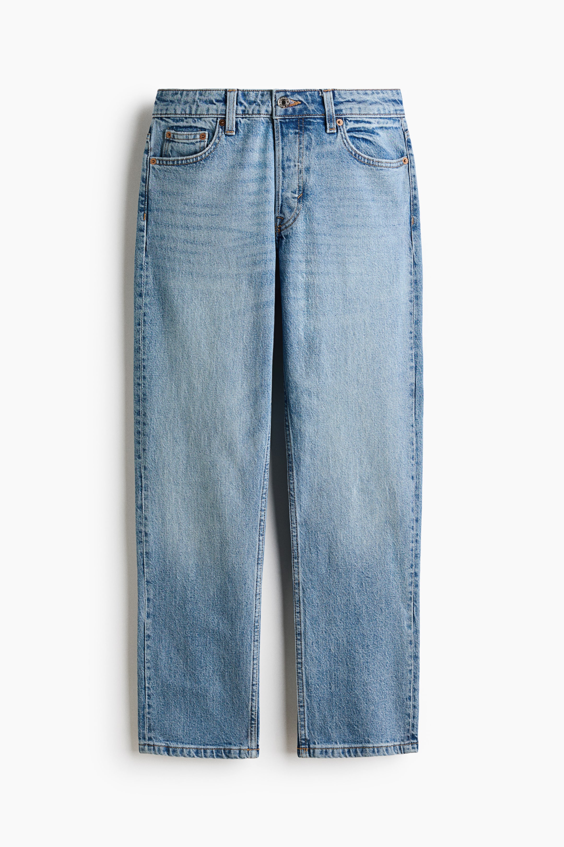 View larger image: The light blue denim jeans showcase a faded wash and a straight leg cut, presented from the front with a button fly, belt loops, and two front pockets, one featuring a coin pocket.