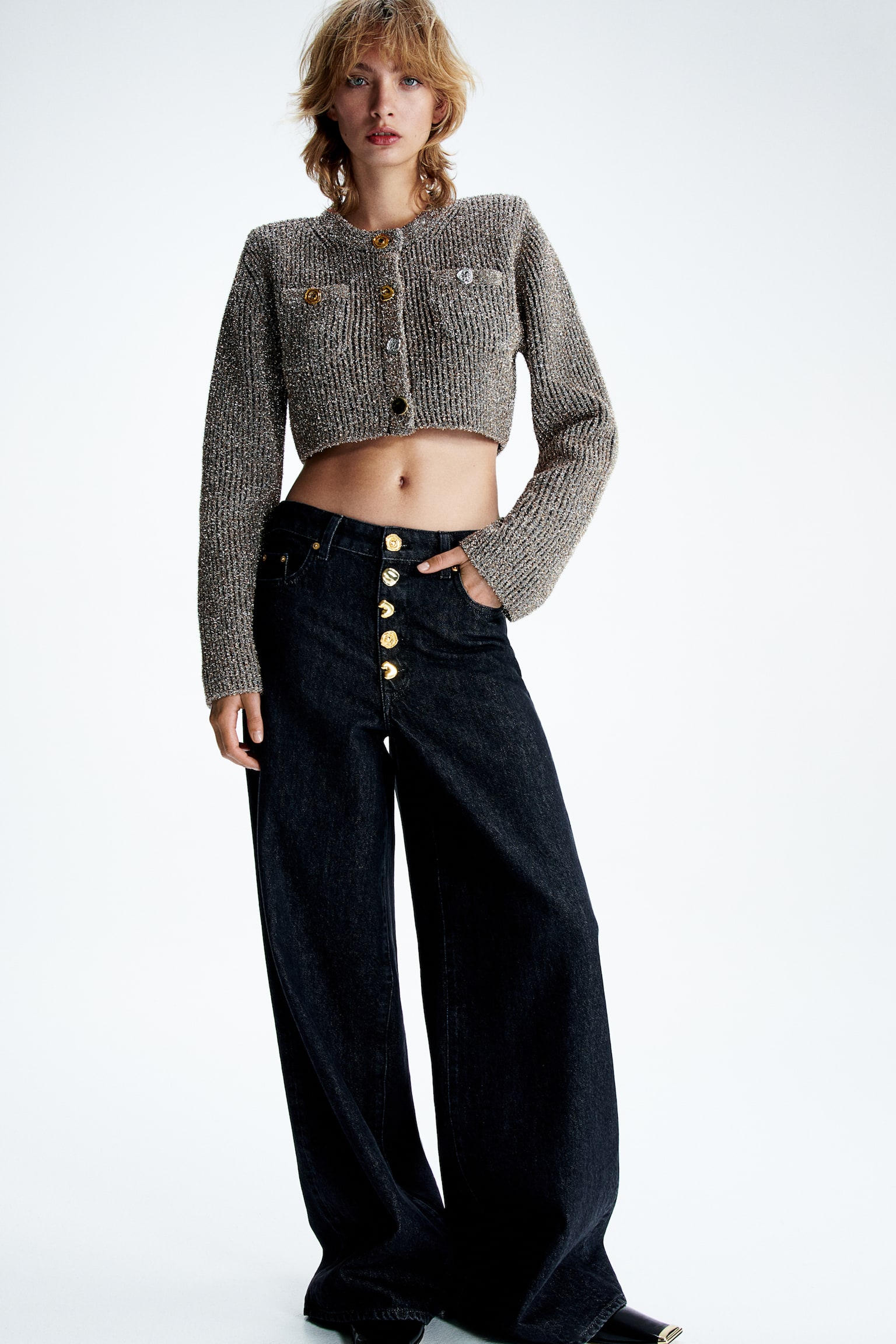 Cropped Glittery Cardigan - Silver colour/Gold colour - 1