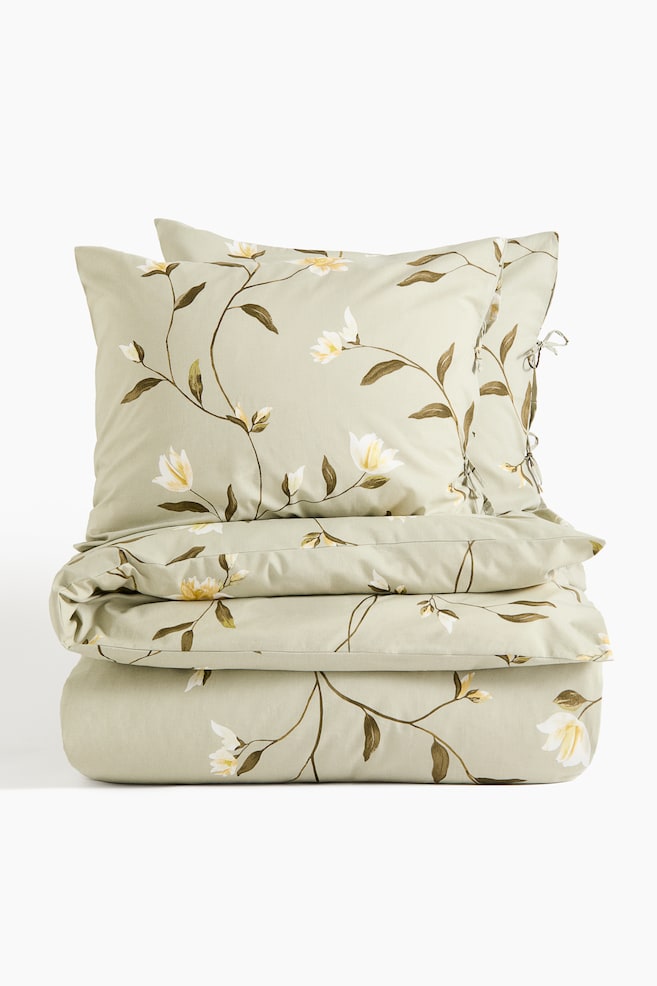 Cotton double/king duvet cover set - Light green/Floral/Light beige/Floral/White/Floral - 1