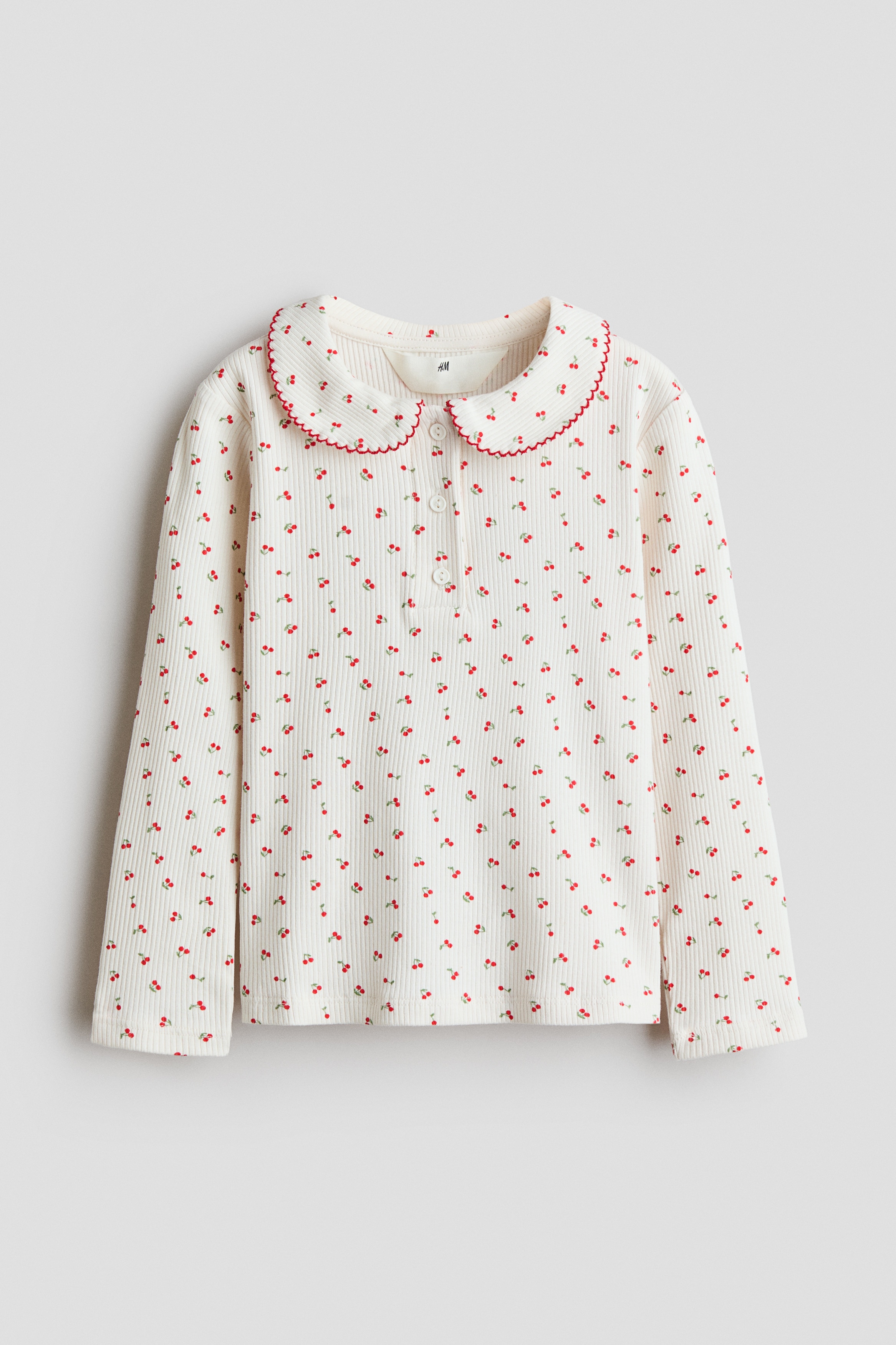 Collared cotton top - Cream/Cherries/White/Striped