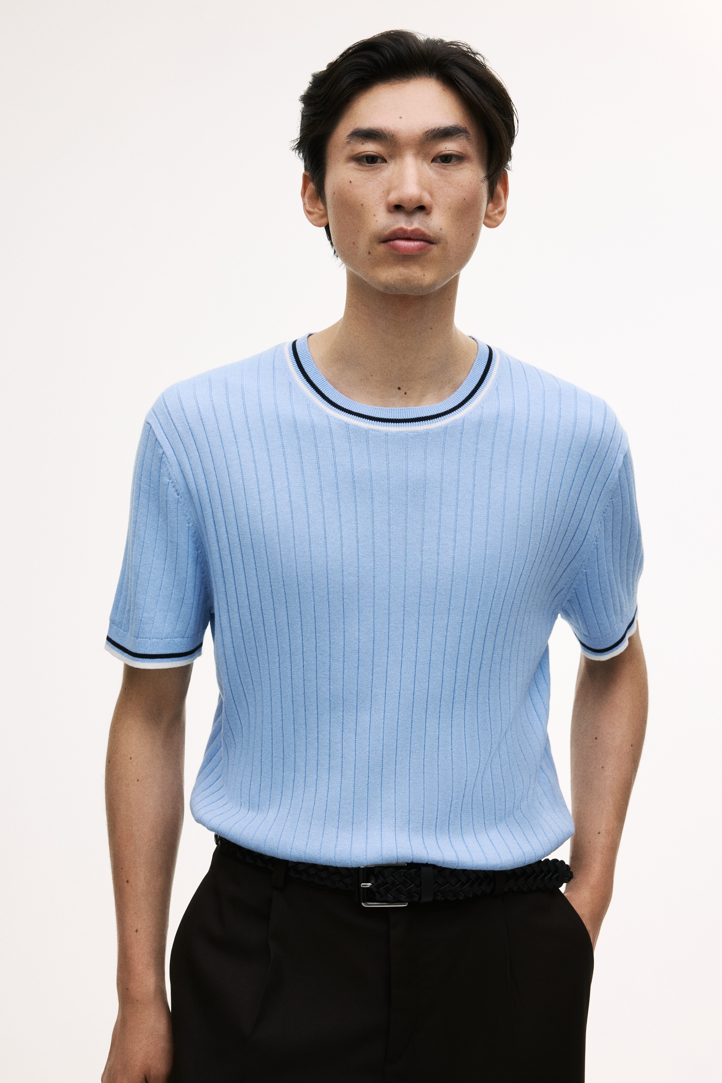 Slim-Fit Rib-Knit T-Shirt - Light blue/White