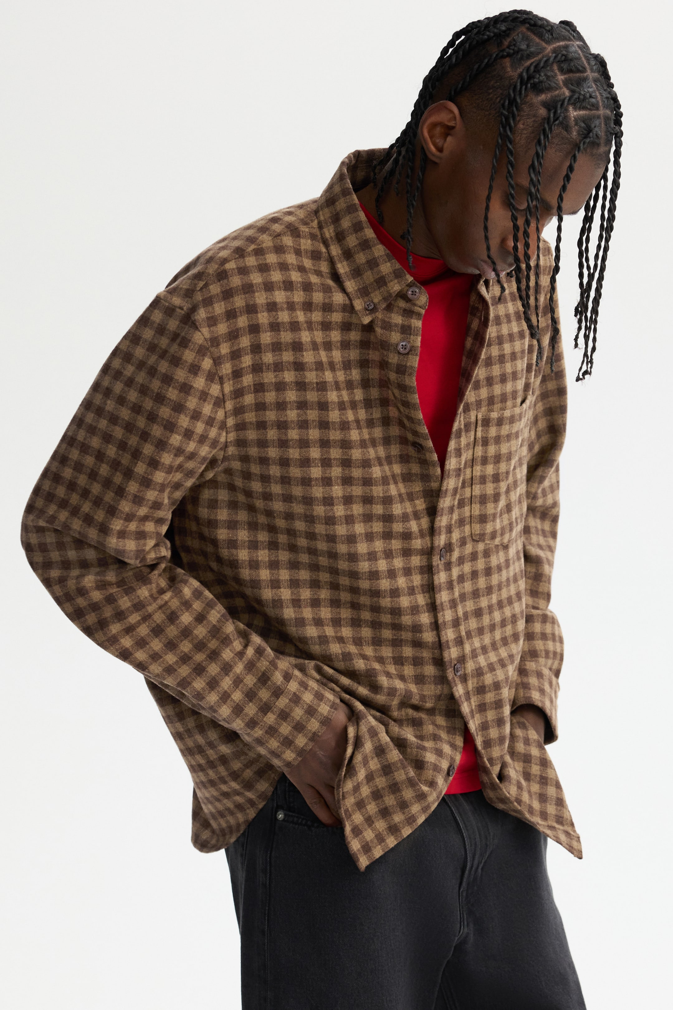 Ampliar la imagen: Relaxed Fit Wool-blend shirt - Gris pardo oscuro/Cuadros - Men | H&M MX 4