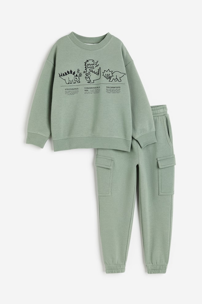 2-piece sweatshirt set - Khaki green/Dinosaurs/Light grey marl/NASA/Natural white/Patterned - 1