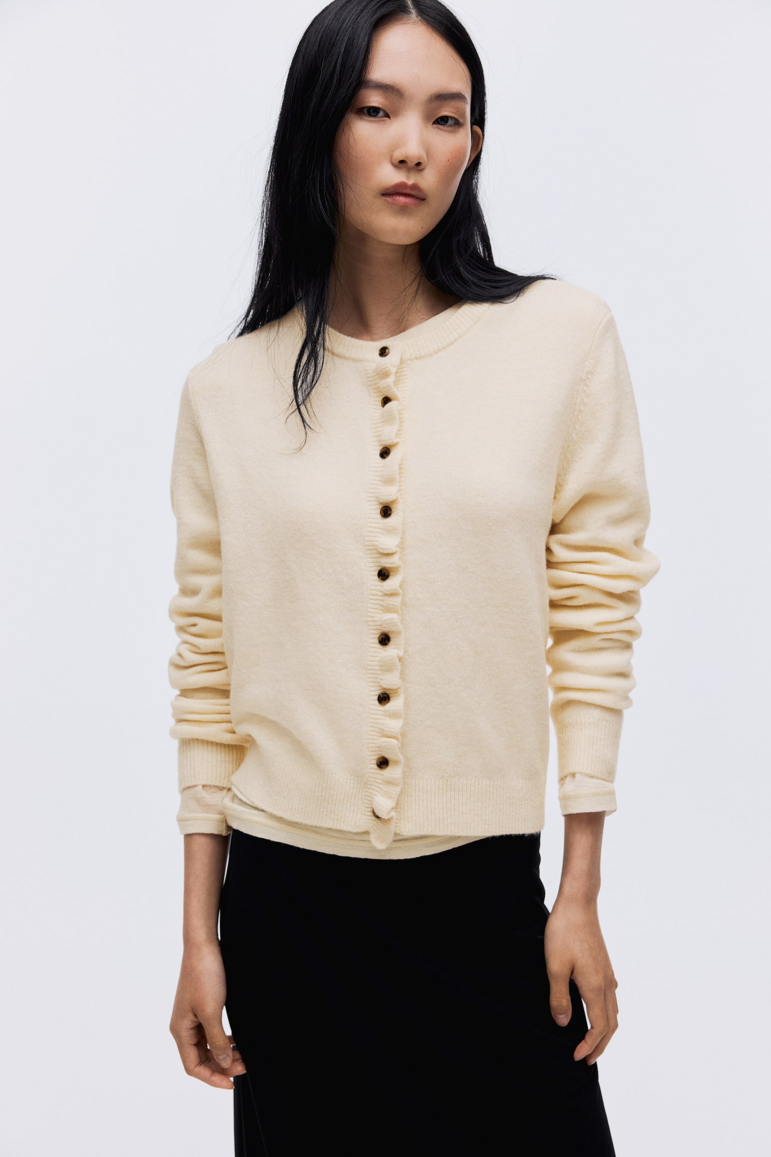 Frill-trimmed cardigan - Cream/Black - 4
