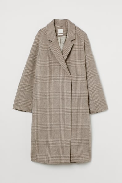 Wool-blend coat - Long sleeve - Knee length - Light beige/Checked ...