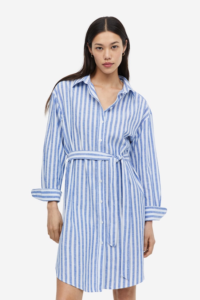 Linen-blend shirt dress - Blue/Striped/Light beige/Light blue - 1