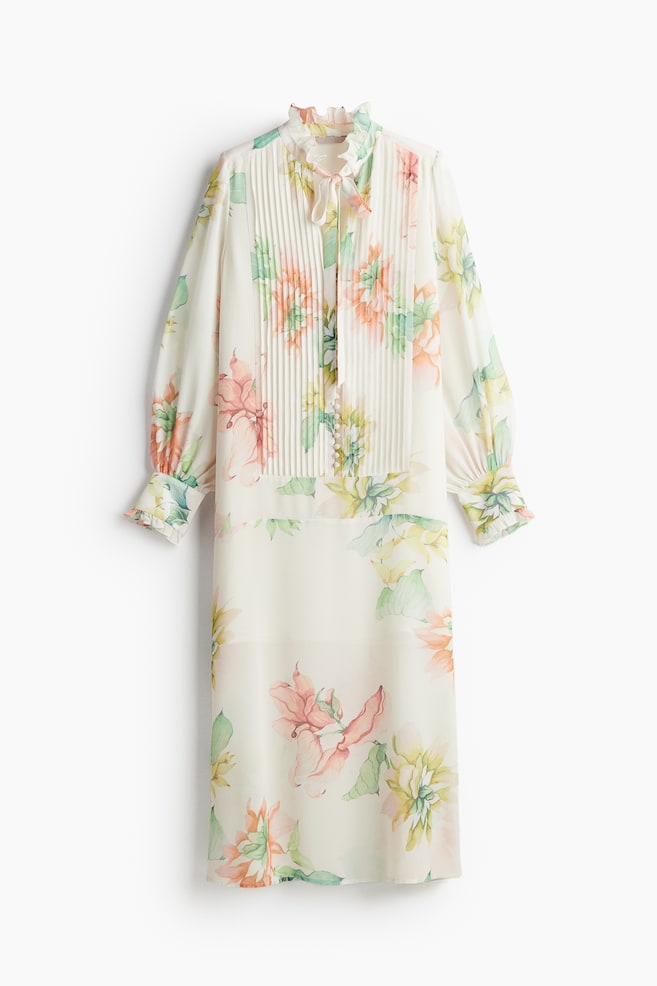 Chiffon jurk met platte plooitjes - Wit/bloemen - 1