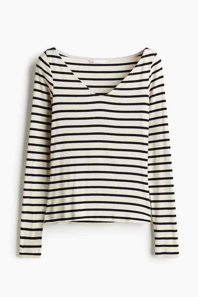 Camiseta en punto fino - Crema/Rayas negras - 1