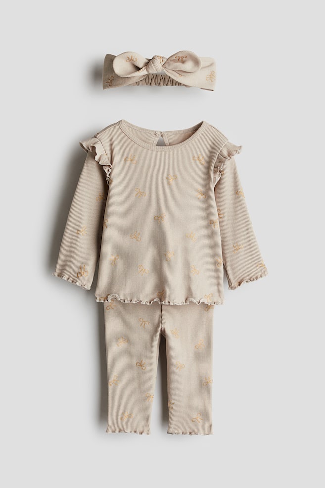 3-piece ribbed cotton set - Beige/Bows/Beige/Spotted - 1