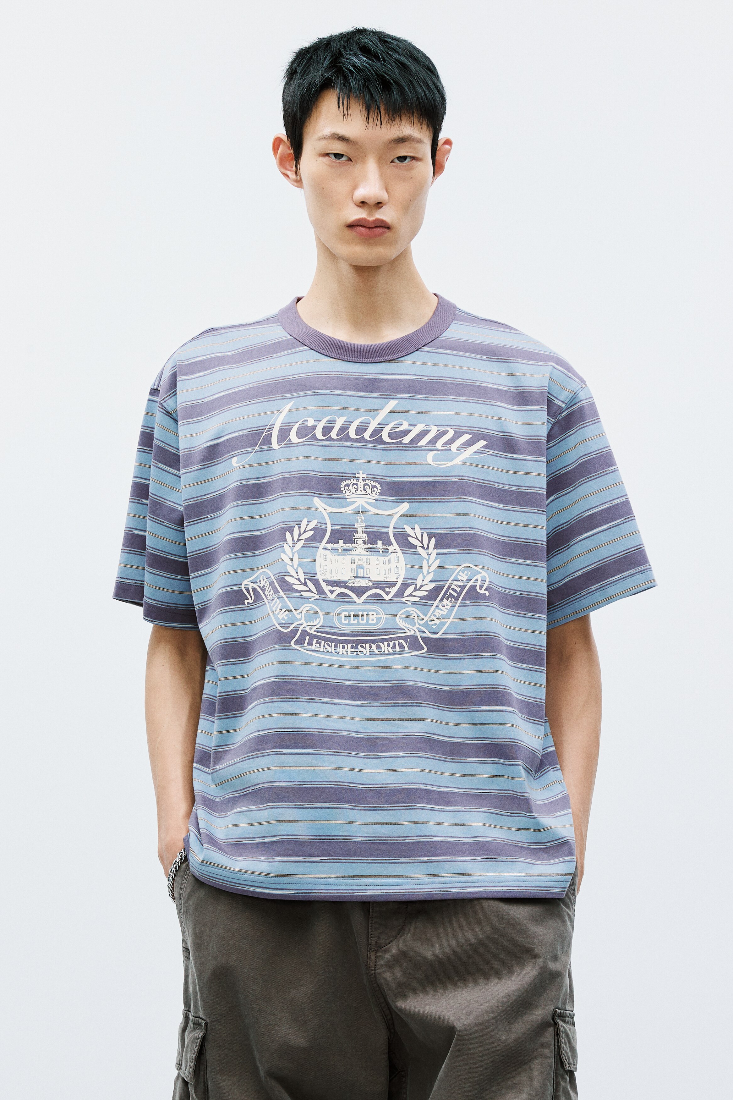 Loose-Fit Printed Boxy T-Shirt - Light dusty blue/striped/Dark green/striped/White/striped