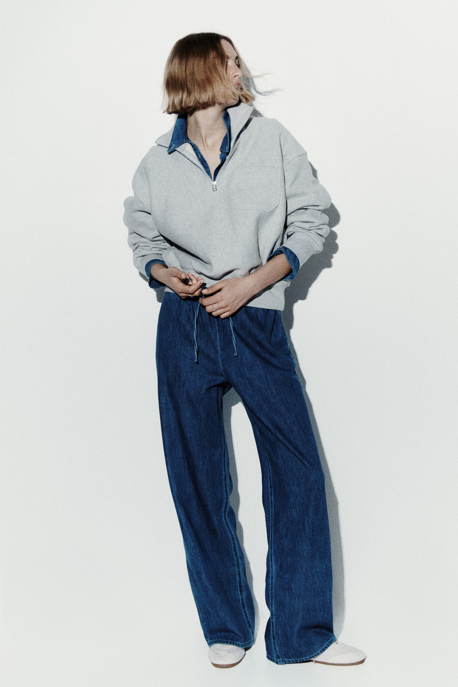 Denimbyxa med dragsko - Denimblå/Vit/Mörk denimblå/Ljus denimblå - 5