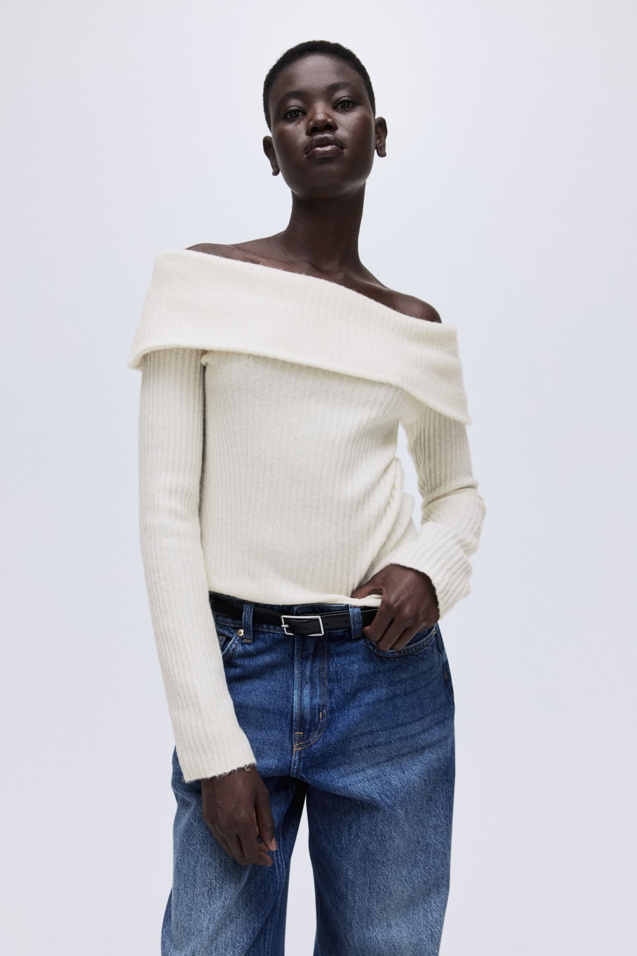 Rib-Knit Off-the-Shoulder Top - Cream - Ladies | H&M US