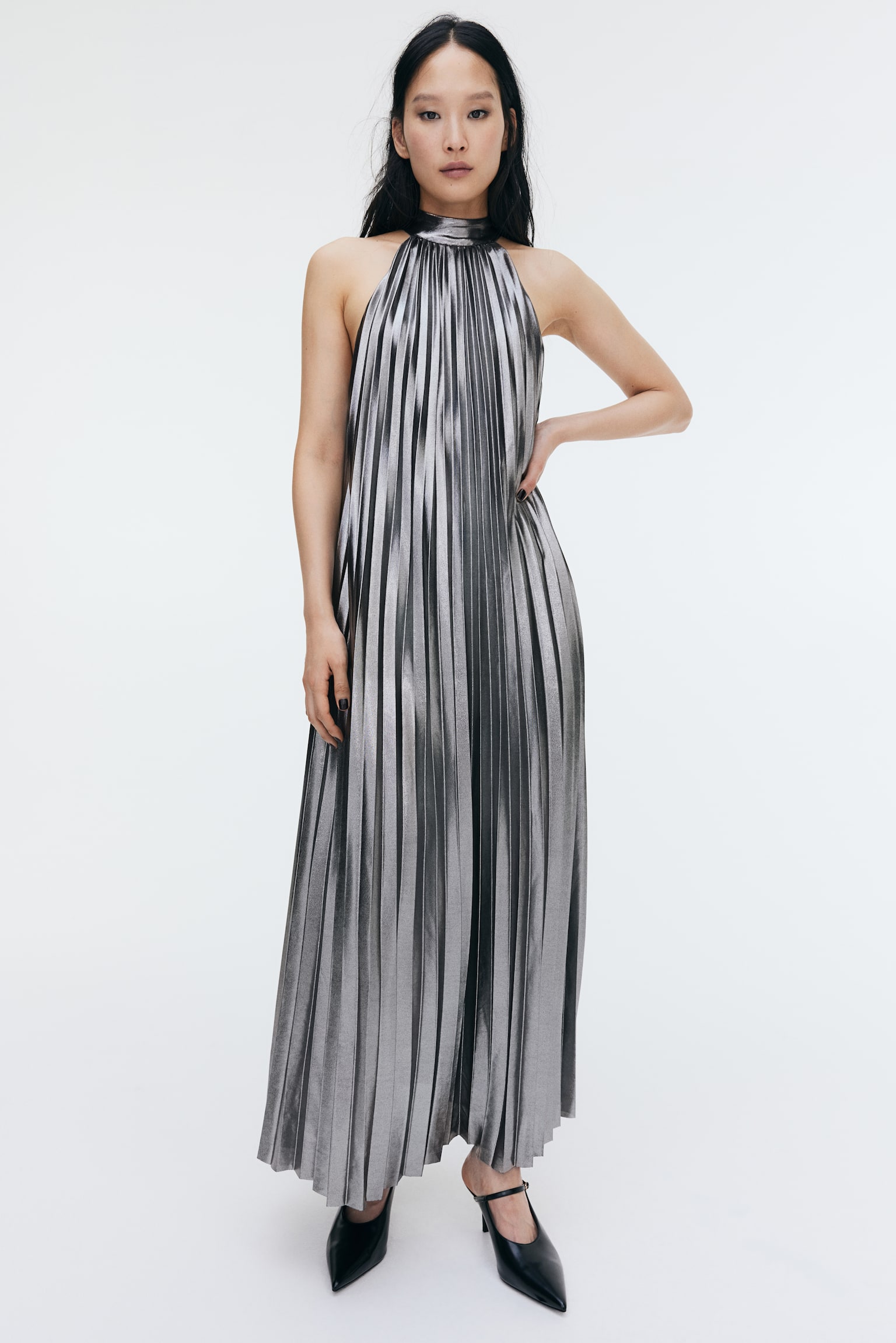 Pleated tie-neck dress - Silver-coloured - 5