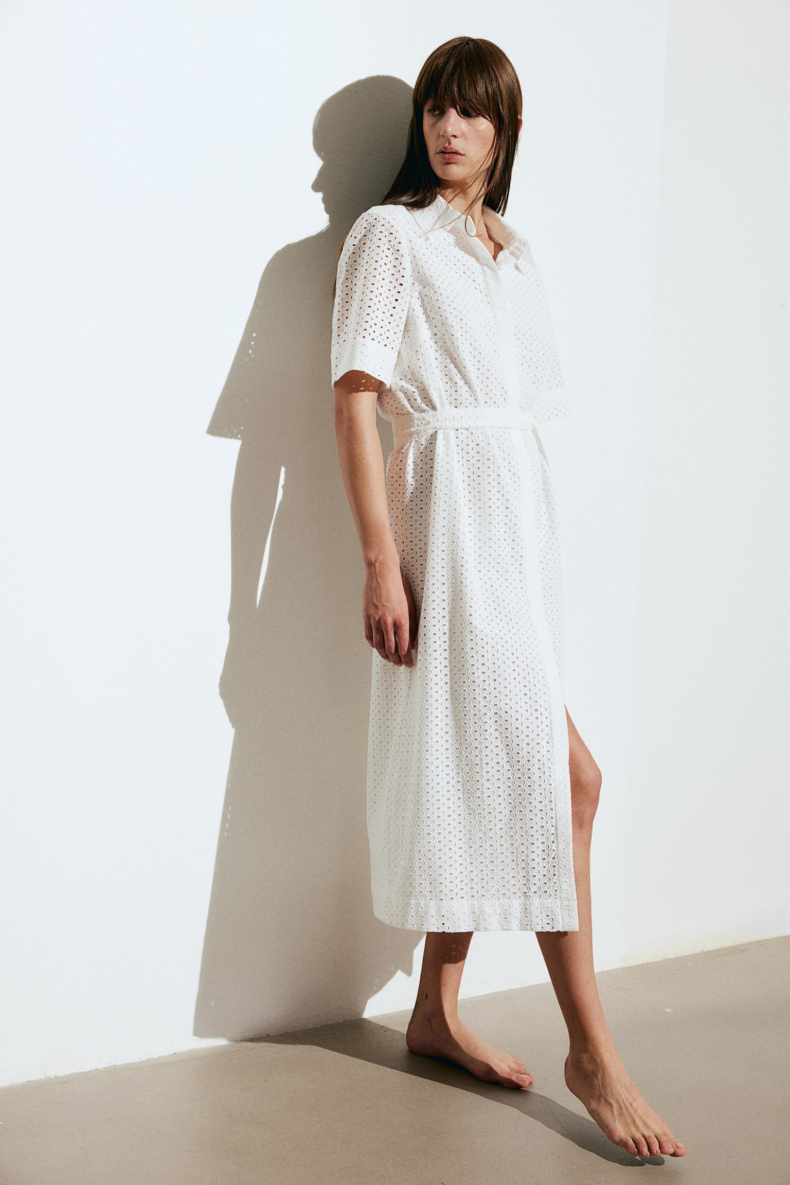 Broderie anglaise shirt dress - White/Navy blue - 1