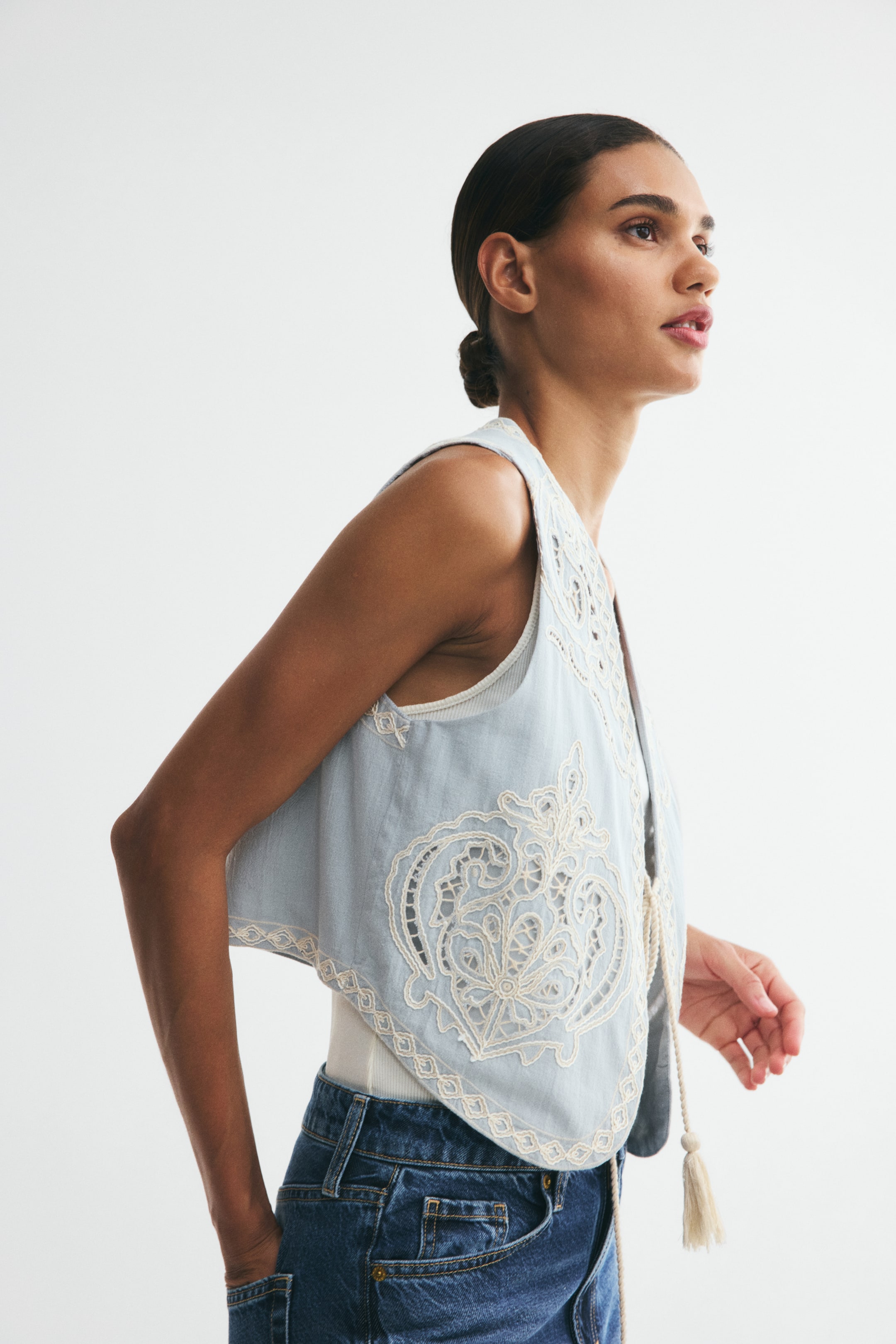 Linen-Blend Vest with Eyelet Embroidery