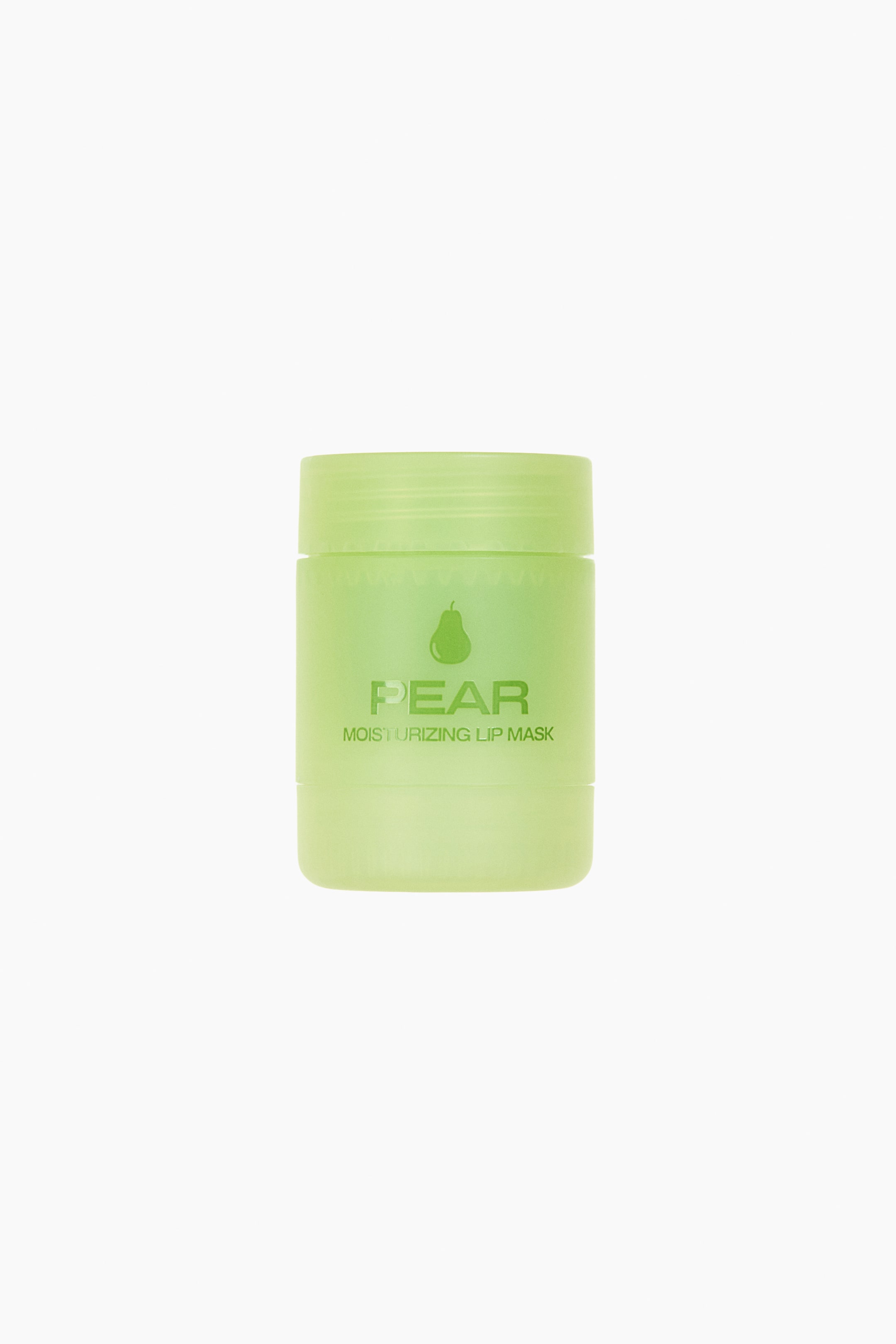 Ampliar la imagen: Un frasco cilíndrico translúcido de color verde claro para mascarilla labial se presenta desde el frente. Está etiquetado con un ícono de pera verde oscuro sobre "PEAR" y "MOISTURIZING LIP MASK" en letras mayúsculas. Se aprecian estrías horizontales en su parte superior, indicando una tapa de rosca.