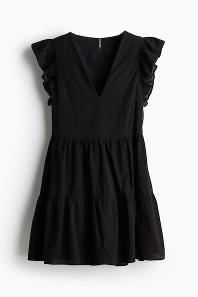 Flutter-sleeved throw-on dress - V-neck - Short sleeve - Black - Ladies ...