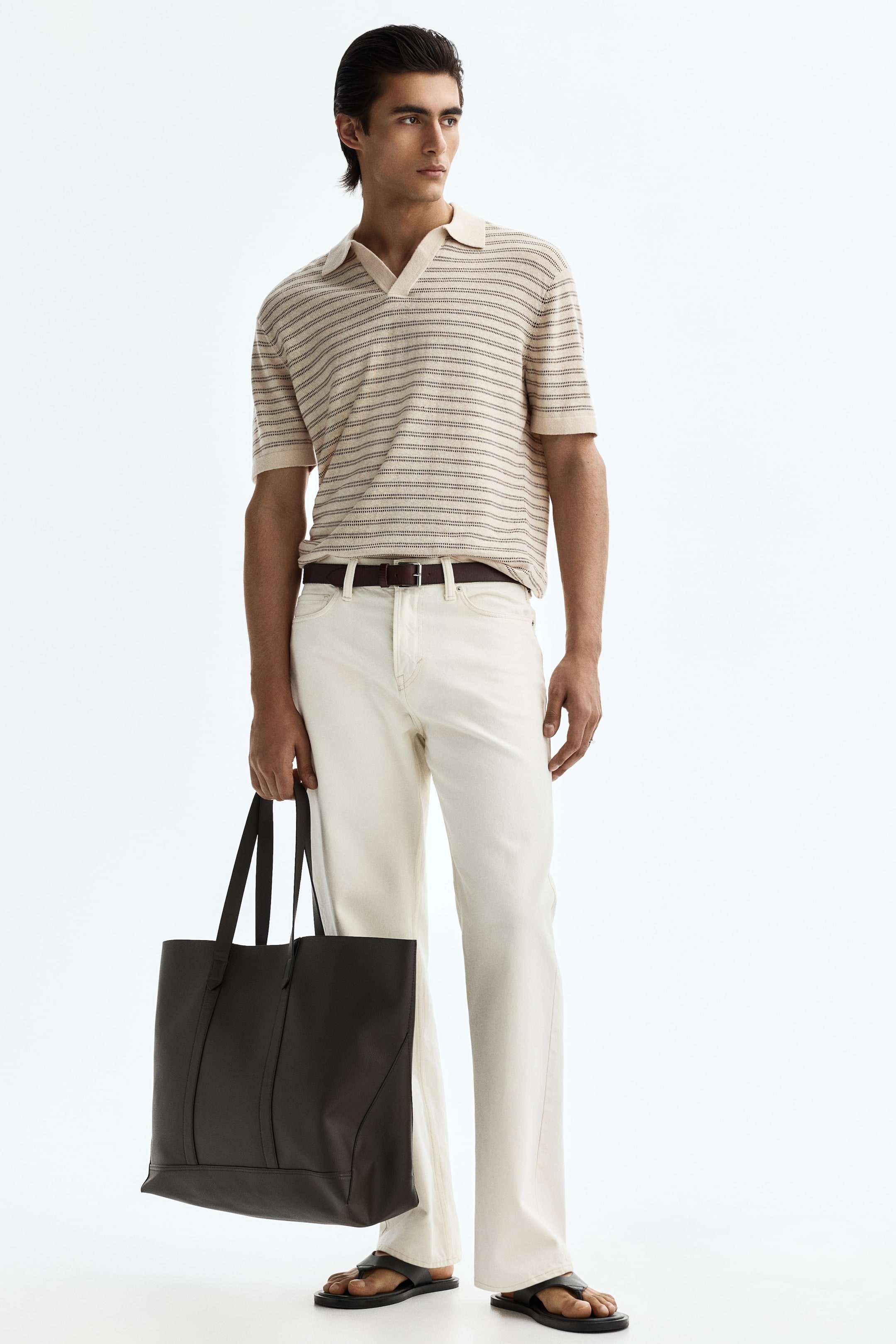 View larger image: Regular Fit Linen-blend polo shirt - Beige/Striped - Men | H&M 1