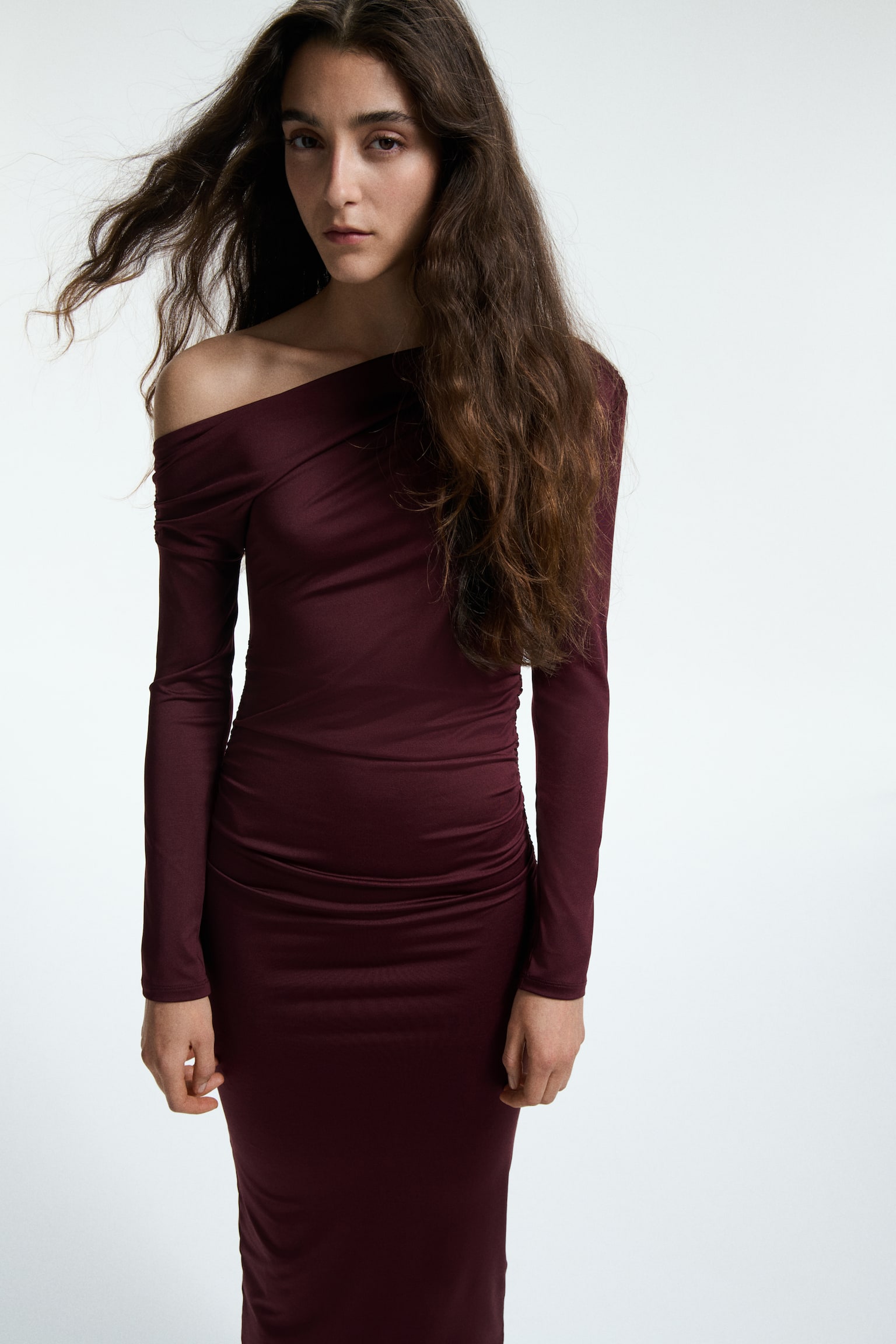 Draped one-shoulder dress - Burgundy/Black - 3