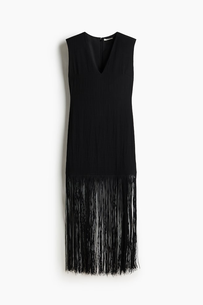 Vestido con flecos y hombreras - Negro - 1