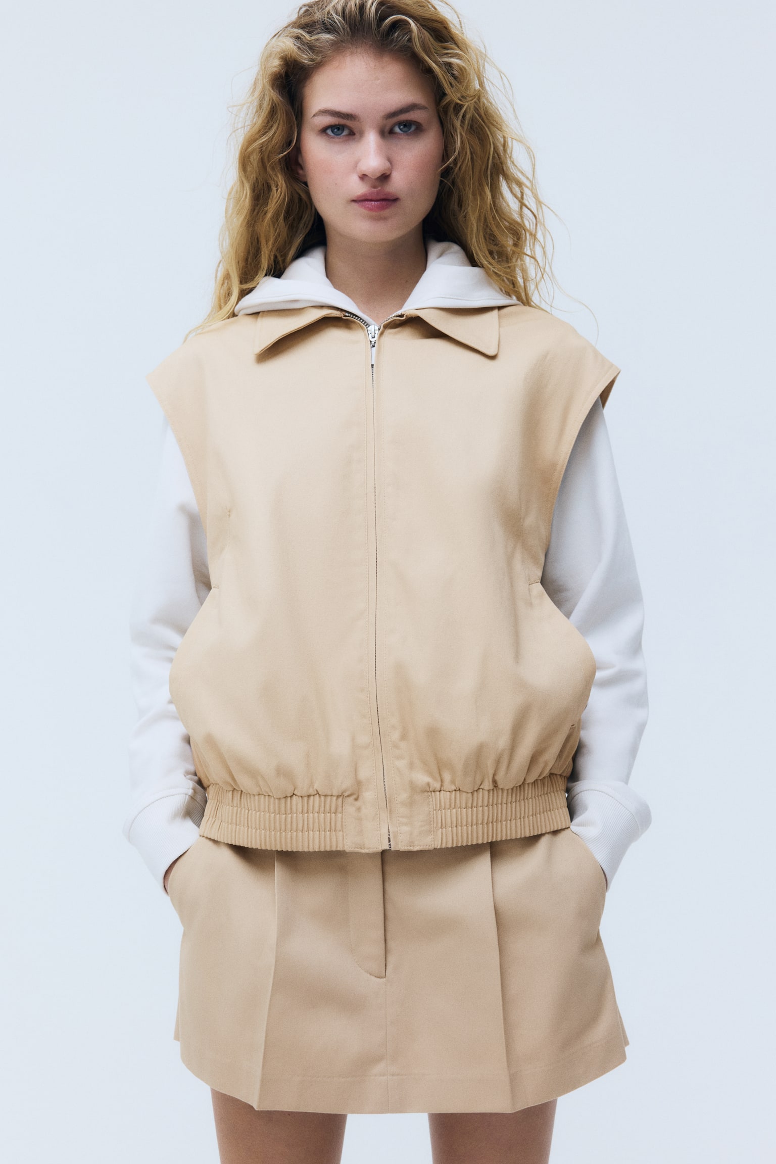 Collared cotton gilet - Beige - 3
