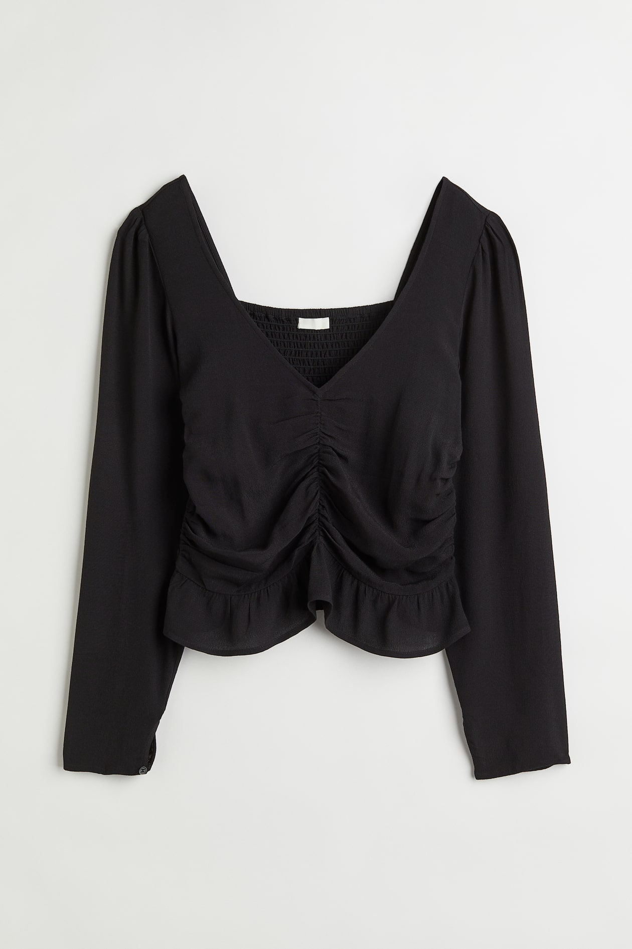 Puff-sleeved Peplum Blouse - V-neck - Long sleeve - Black - Ladies | H&M US