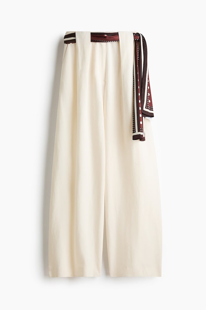 Keten Karışımlı ve Şal Detaylı Pantolon - Krem - 1