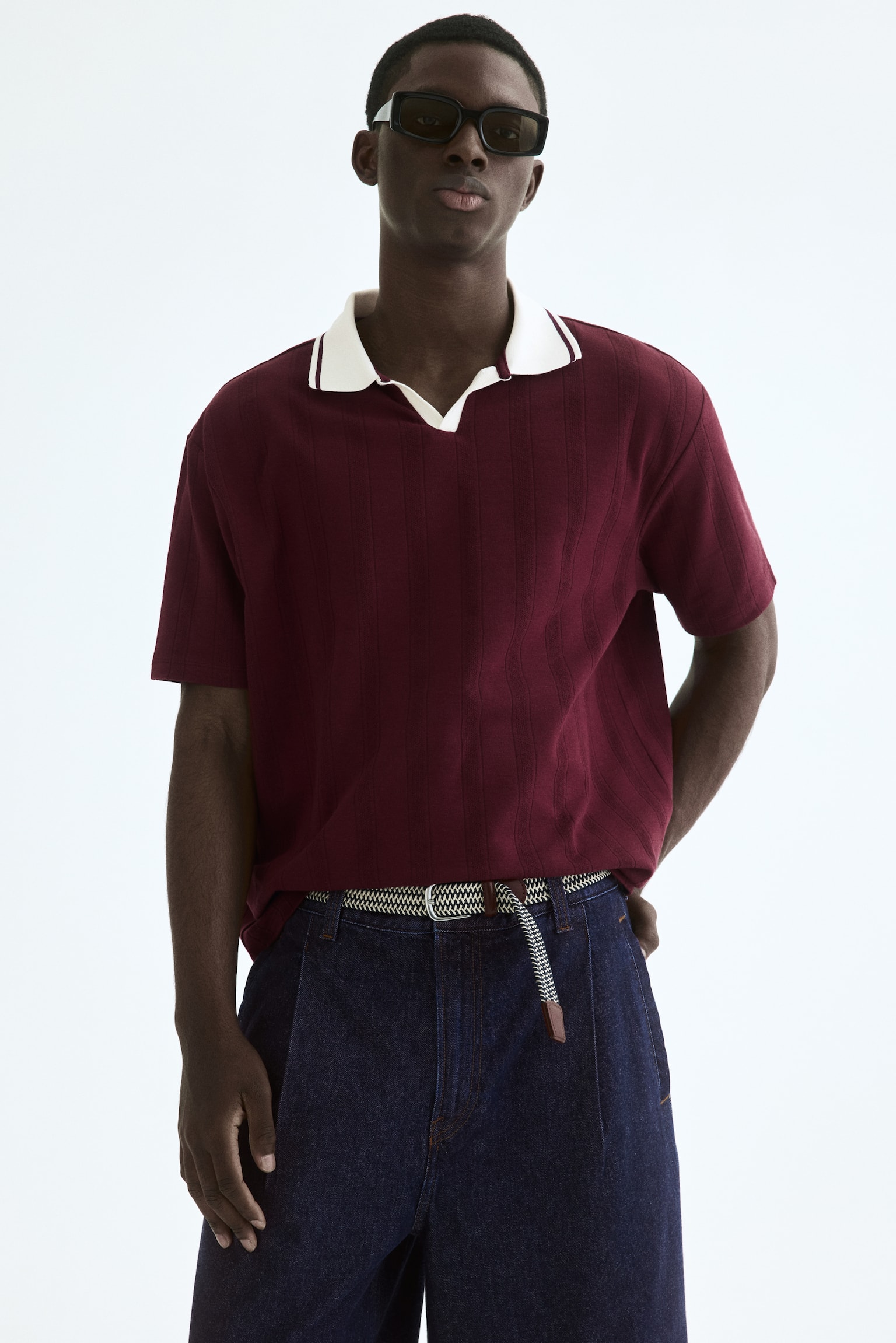 Relaxed Fit Textured-knit polo shirt - Burgundy/Cream/Navy blue - 1