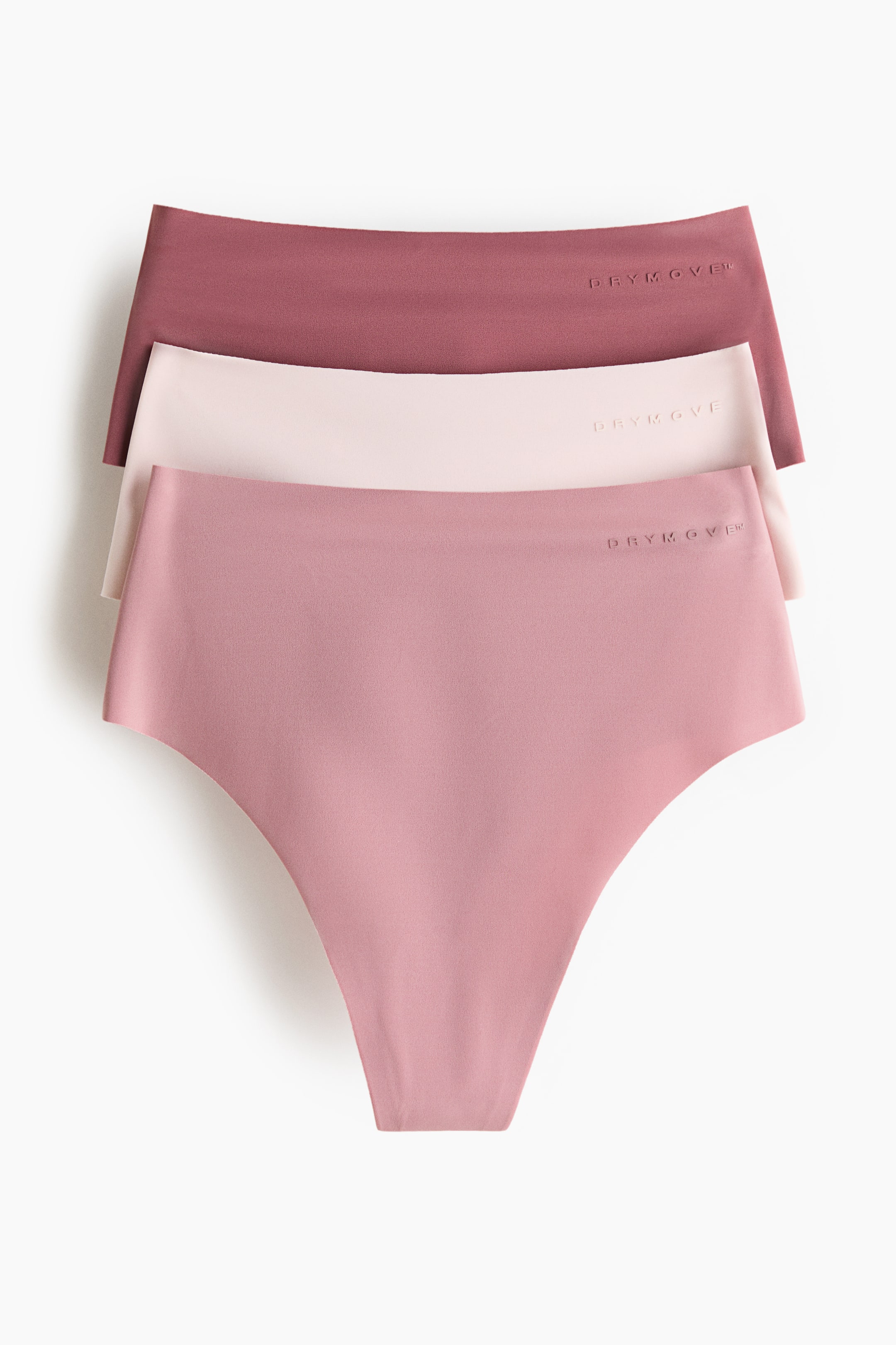 Grotere afbeelding bekijken: Een set van drie naadloze hoge taille slips wordt getoond in een gestapelde vooraanzicht. De bovenste slip verschijnt in een donkerroze kleur, de middelste in lichtroze en de onderste in medium roze, met een reliëf "DRYMOVE" logo zichtbaar op elke tailleband.
